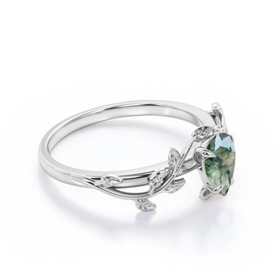 925 Sterling Silver Teardrop Moss Agate Engagement Ring Anniversary Ring Gift for Her Mother's Day Gift