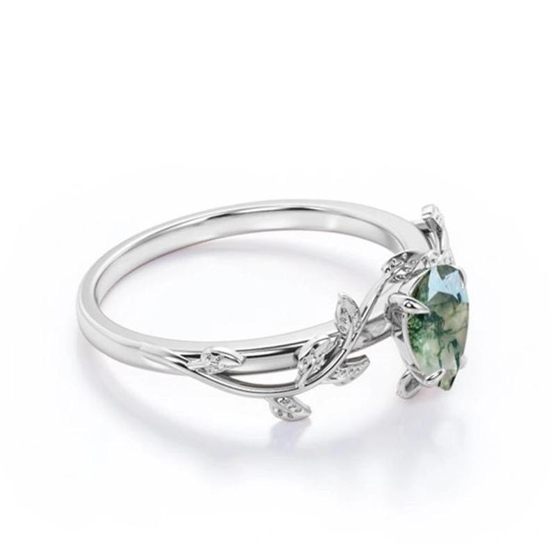 925 Sterling Silver Teardrop Moss Agate Engagement Ring Anniversary Ring Gift for Her Mother's Day Gift