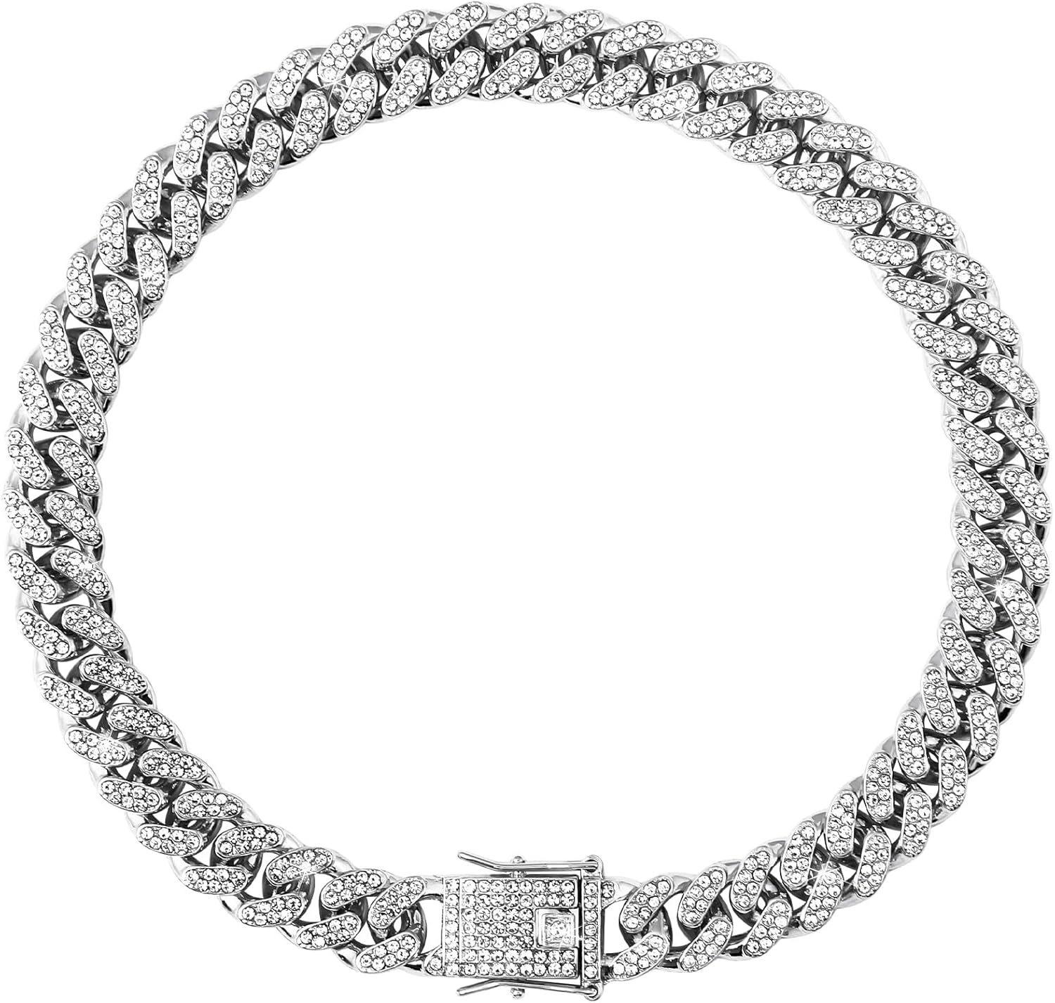 Silver Chain Collars for Large Dogs with Diamond ,Sparkly Bling Metal Cuban Link Dog Collars, Rhinestone Glitter  Necklace for Large Pet Dogs 24 inch
