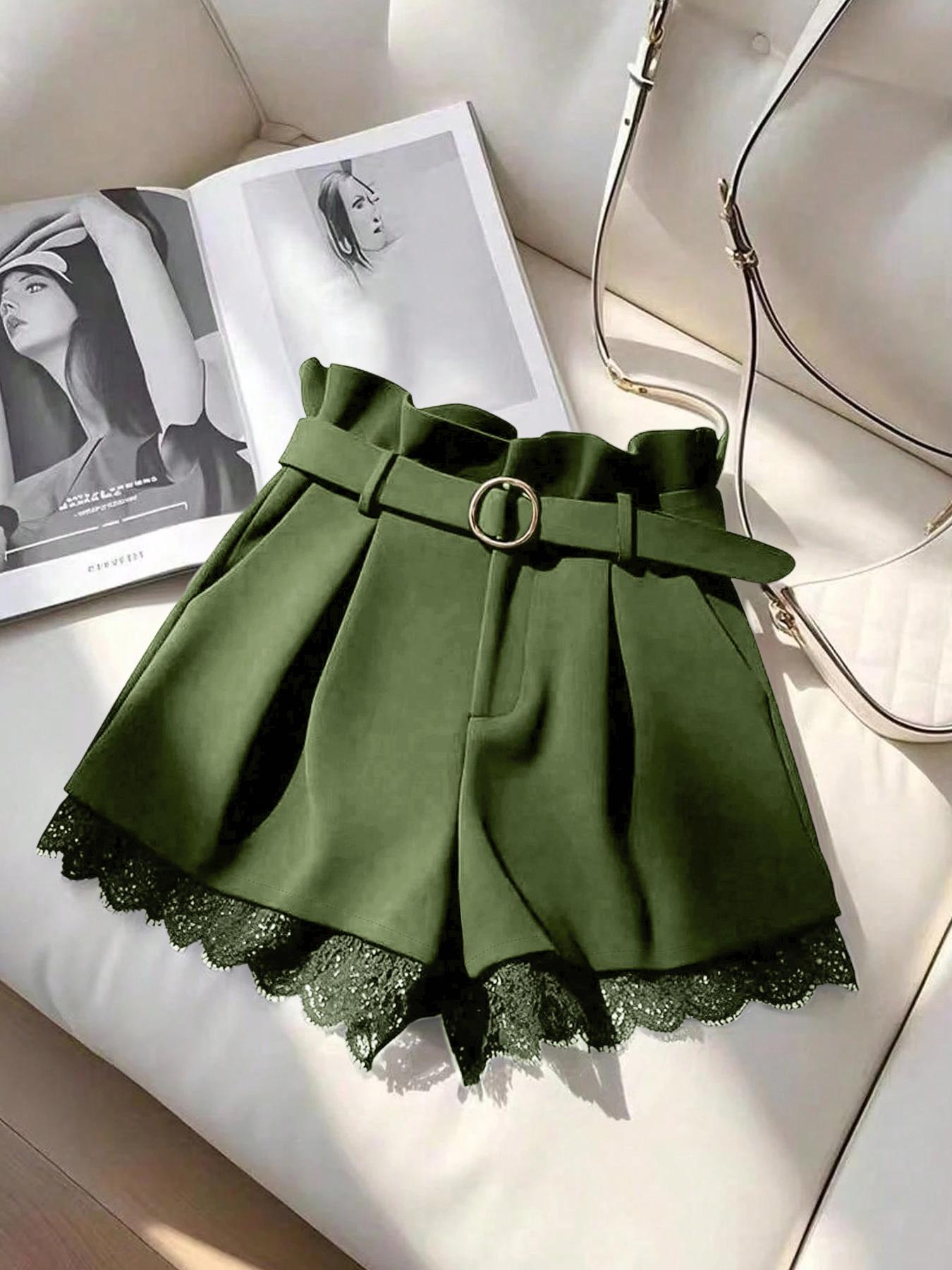 Women's Summer Shorts Elegant Series Fashion Versatile (with Belt), Fitted Design Contrast Lace, Plain Pattern Short Pants