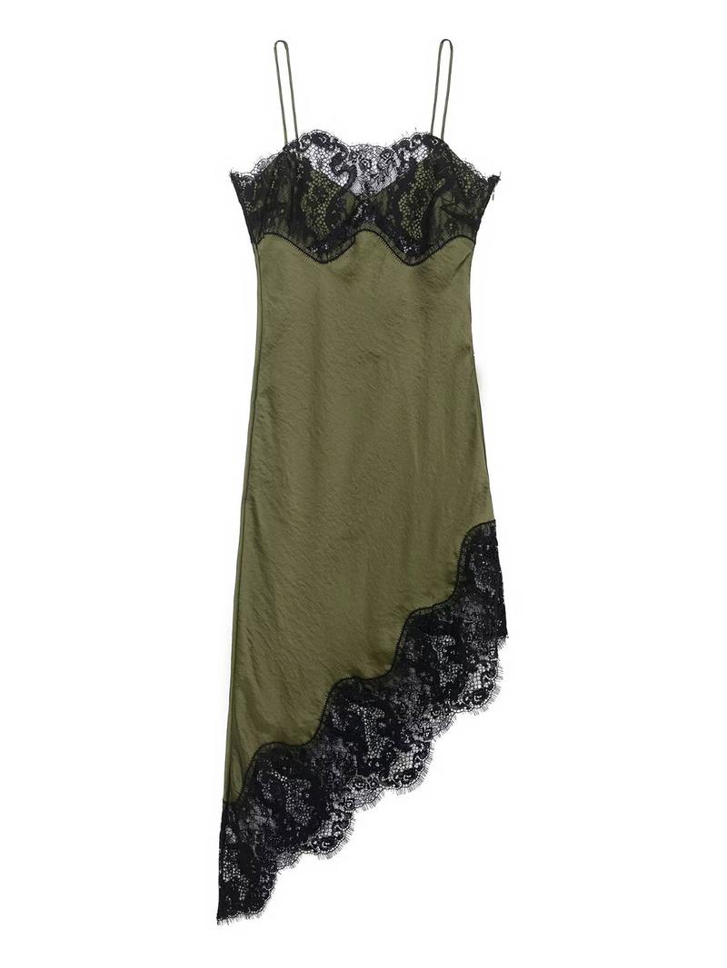 Women's Asymmetric Lace Satin Midi Dress, Chocolate Olive Thin Straps, Lace Trim and Silk Aesthetic, Spring Summer Fashion