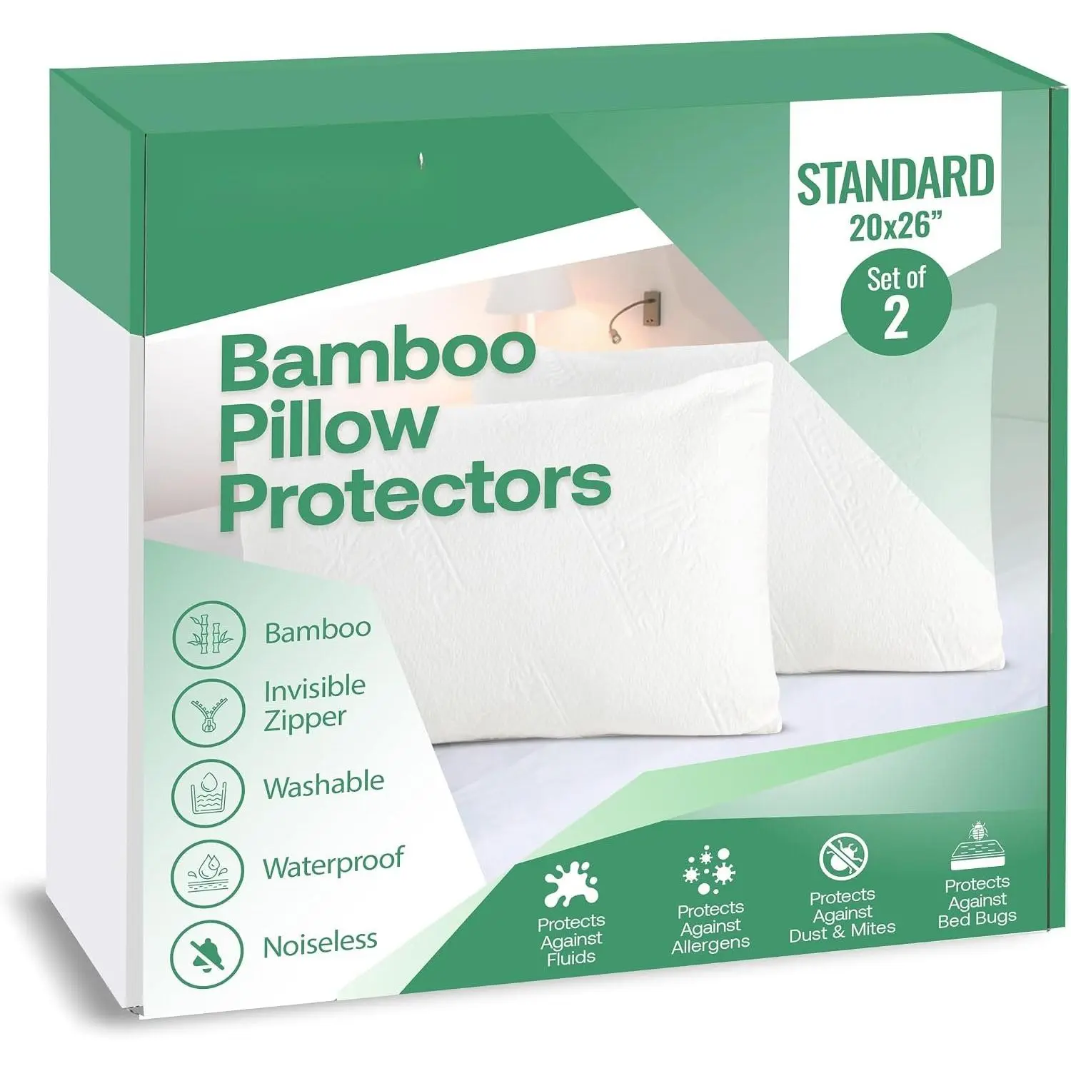 Standard 20''x 26''  Pillow Protector Covers - Zippered Pillowcase, Set of 2 Standard Size