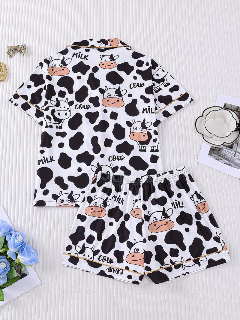 2-Piece Women's Set: White Base with Full Cow Print Cartoon Cow Design Short Sleeve Shorts Soft Comfortable Top with Small Pockets Notch Lapel Design Button Closure Elastic Waistband Suitable for All Seasons Home Daily Casual Pajama Set