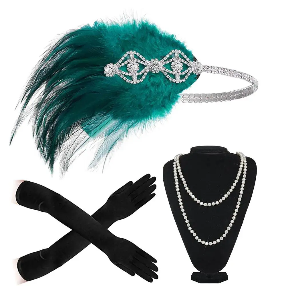 New Women 20s Great Gatsby Party Costume Flapper Headband Pearl Necklace Glove 1920s Great Gatsby Headpiece Accessories Set