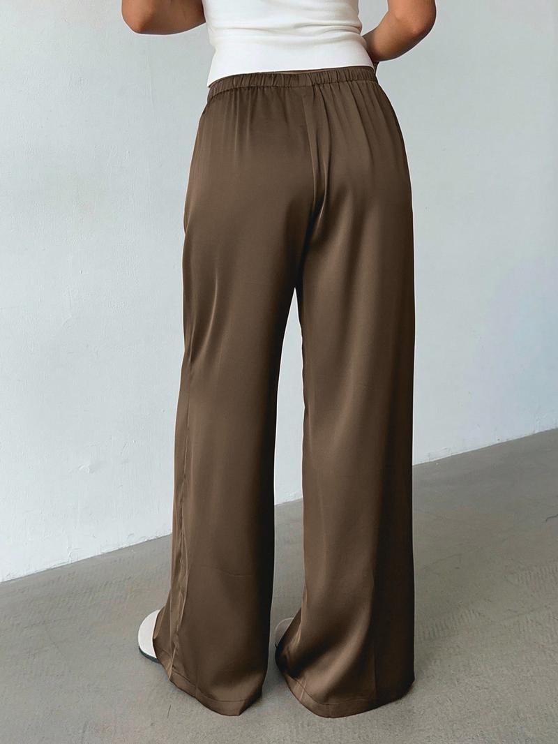Women's Satin Casual Long Pants, Elastic Waist with Side Pockets, Wide Leg, Fashionable and Versatile, Perfect for Daily Wear, Travel, Vacation