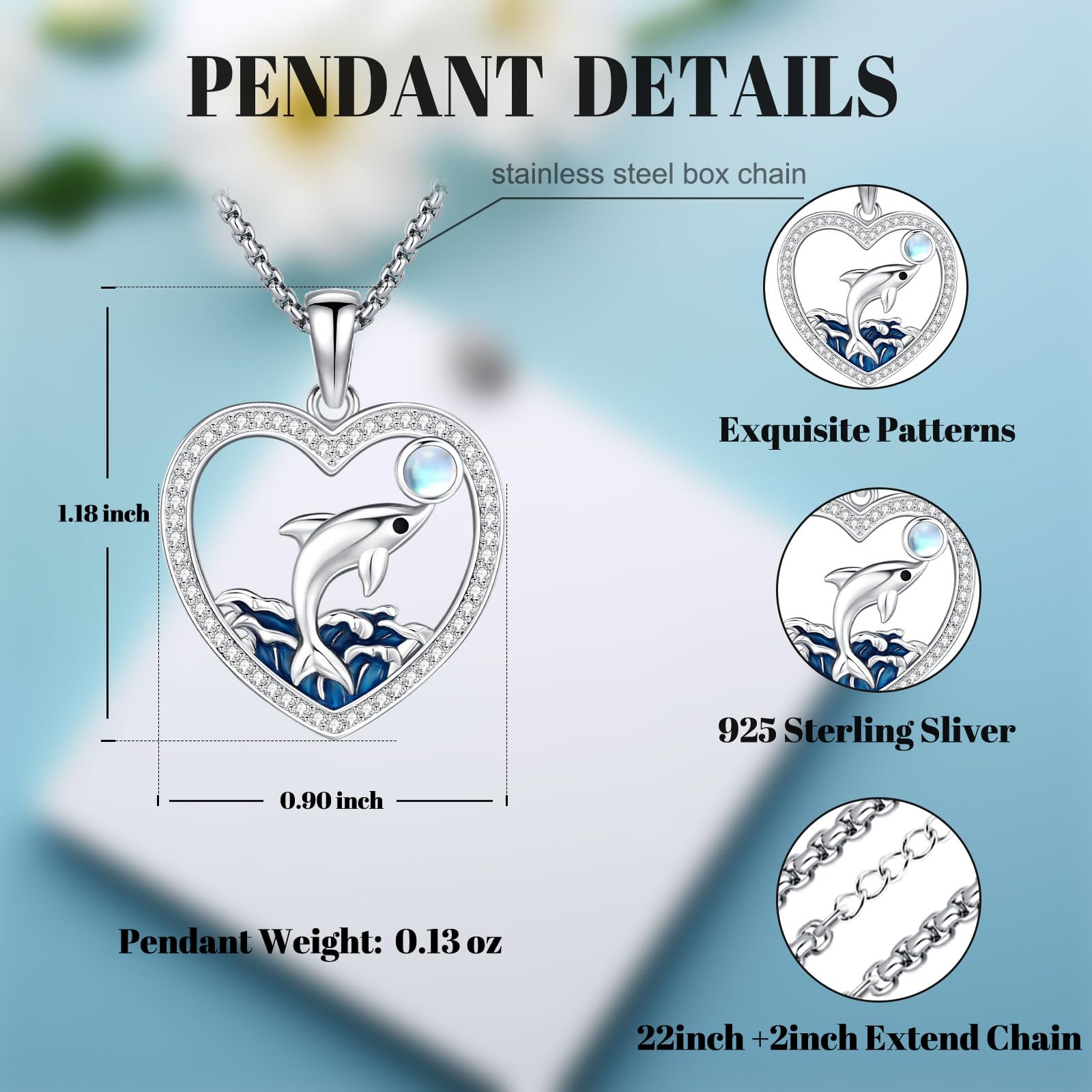 DRINSPER Dolphin Necklace 925 Sterling Silver Pendant & Moonstone Design Fashion Jewelry Accessories for Women Rhinestone Decor Daily Wear Necklace Gift for Mother's Day Birthday