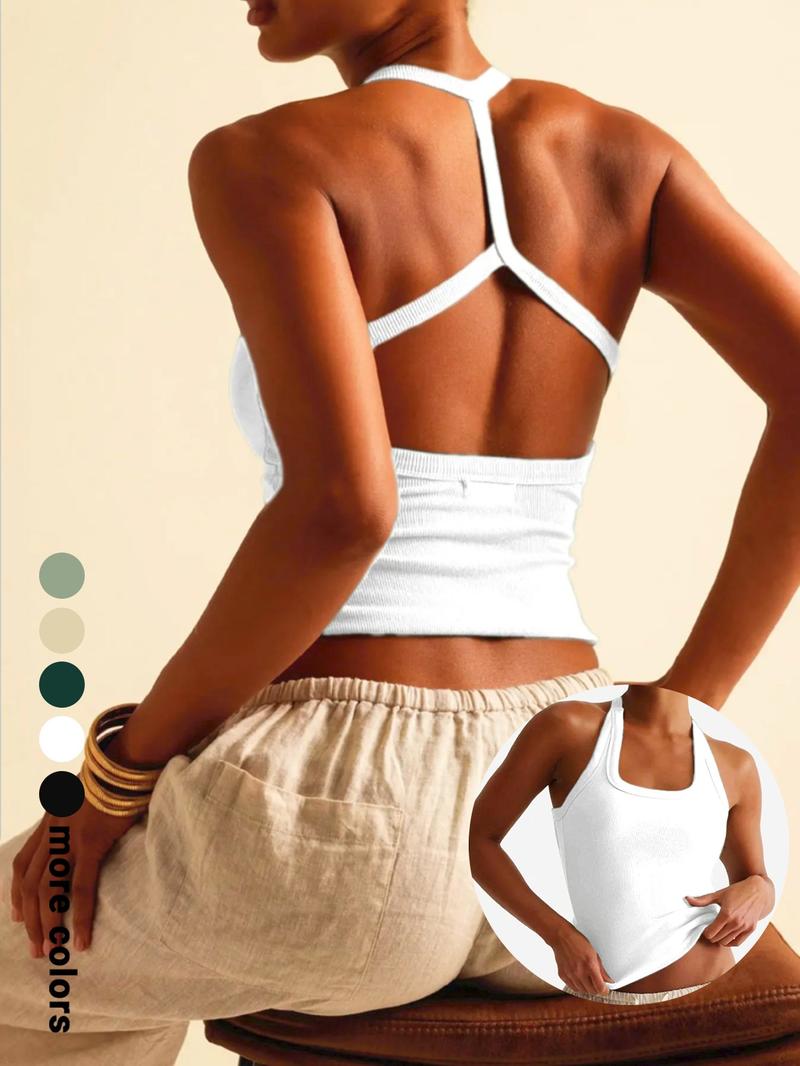 Backless Sleeveless Sports Bra Tank Top, Cross-Back Design, Comfortable Casual Wear, Daily Date, Slim-Fitting Short Style