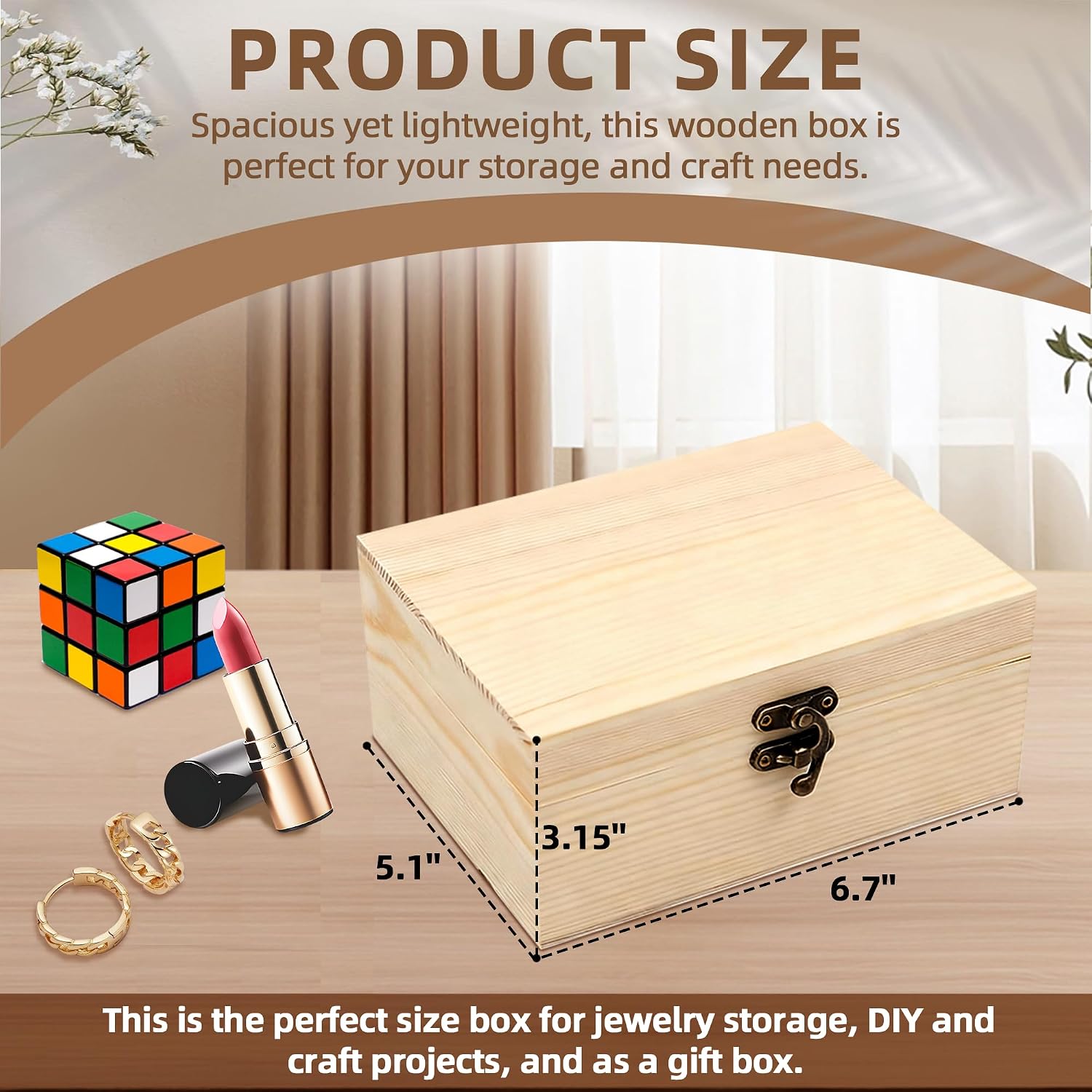 (1-Pack Unfinished Unpainted Wooden Box with Hinged Lid for Crafts DIY Storage  Plain Pine Box - Small 6.7"x5.1"x3.1"