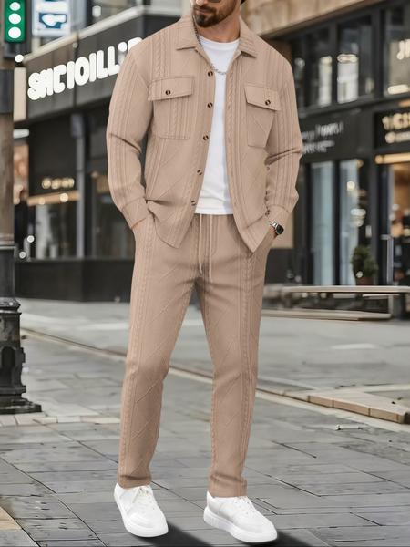 Men's Spring & Fall New Suit Set, Jacquard Heavyweight Reversible Collar Dual Pocket Long Sleeve Drawstring Pants, Soft Fabric