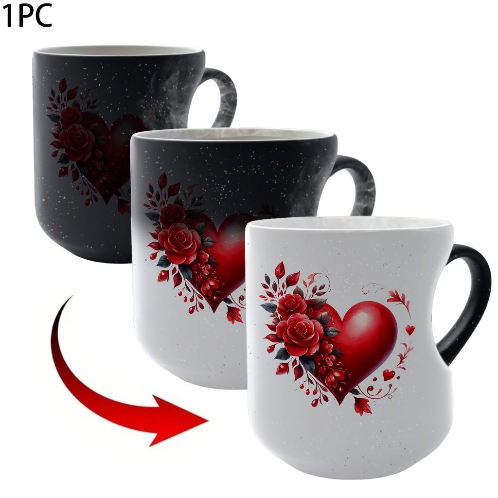 1pc Magical Color Changing Mug with Heart-Shaped Handle, 11oz 325ml Unique Heart Design, Red Heart & Floral Pattern, Heated Gradient Mug Reusable, Perfect for Birthdays, Valentine'S Day, and Mother'S day Gifts
