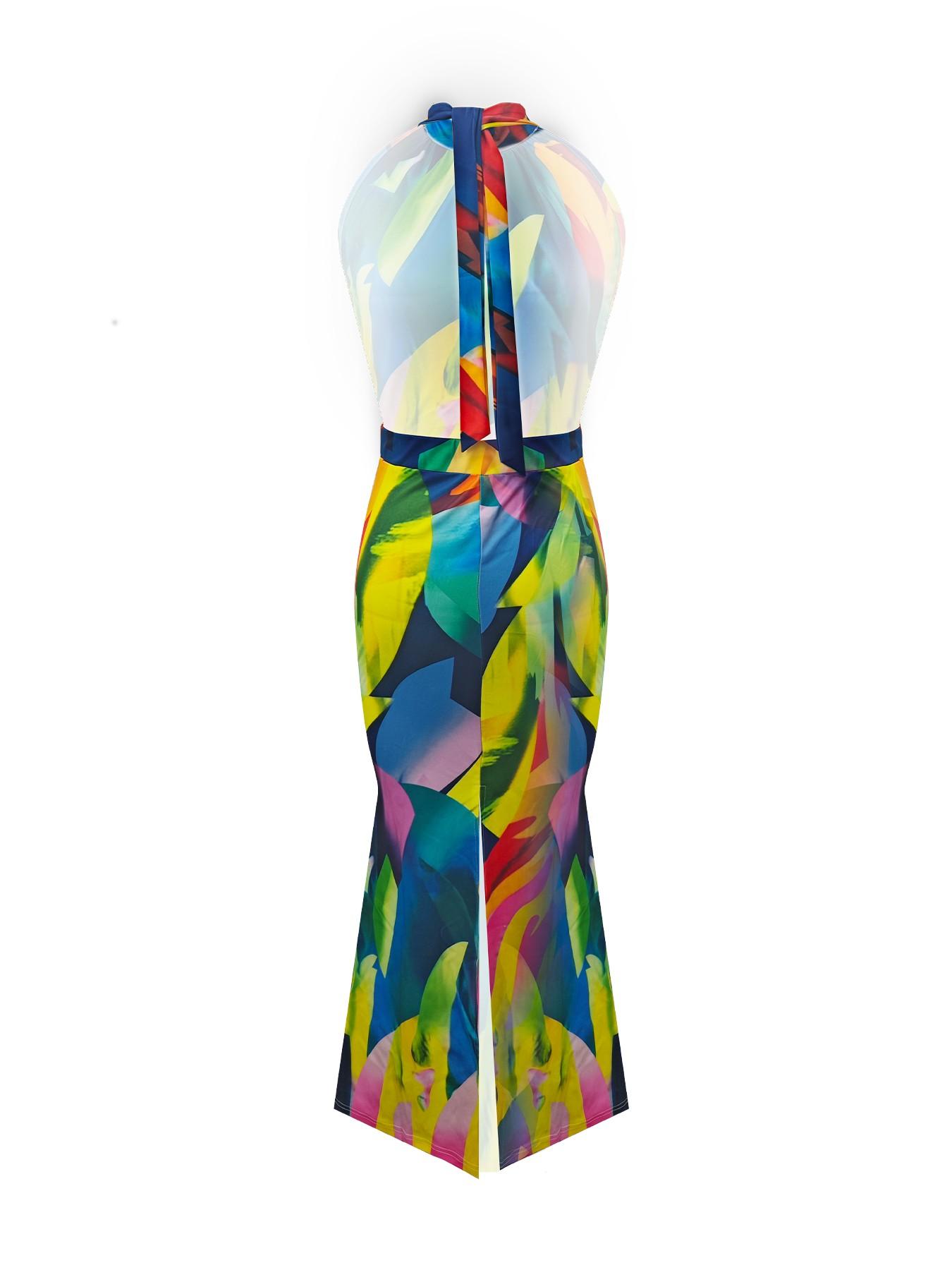 Women's All Over Print Tie Back Halter Dress, Elegant Chic Fitted Fashion Backless Maxi Dress for Daily Holiday Vacation Wear, Women Dress for Summer, Womenswear