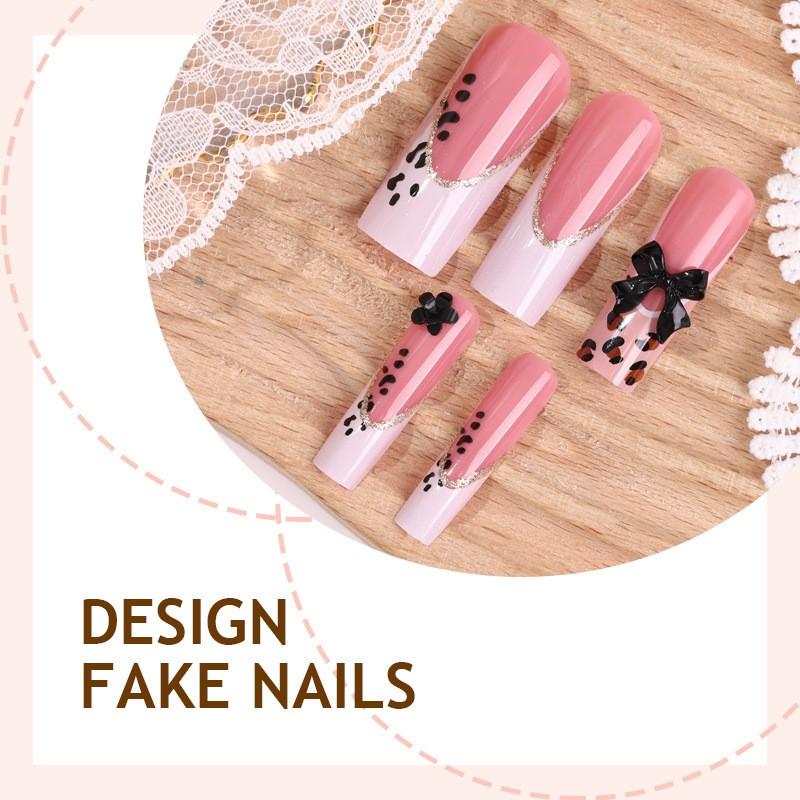 24 Pcs Long Coffin Pink 3D Water Ripple Drip Gel Wild Leopard Print French Press On Nails with Gold Beads, 3D Black Bow, Unique Gold Thin Lines & Sequin Design Removable False Nails with Jelly Glue and Nail File