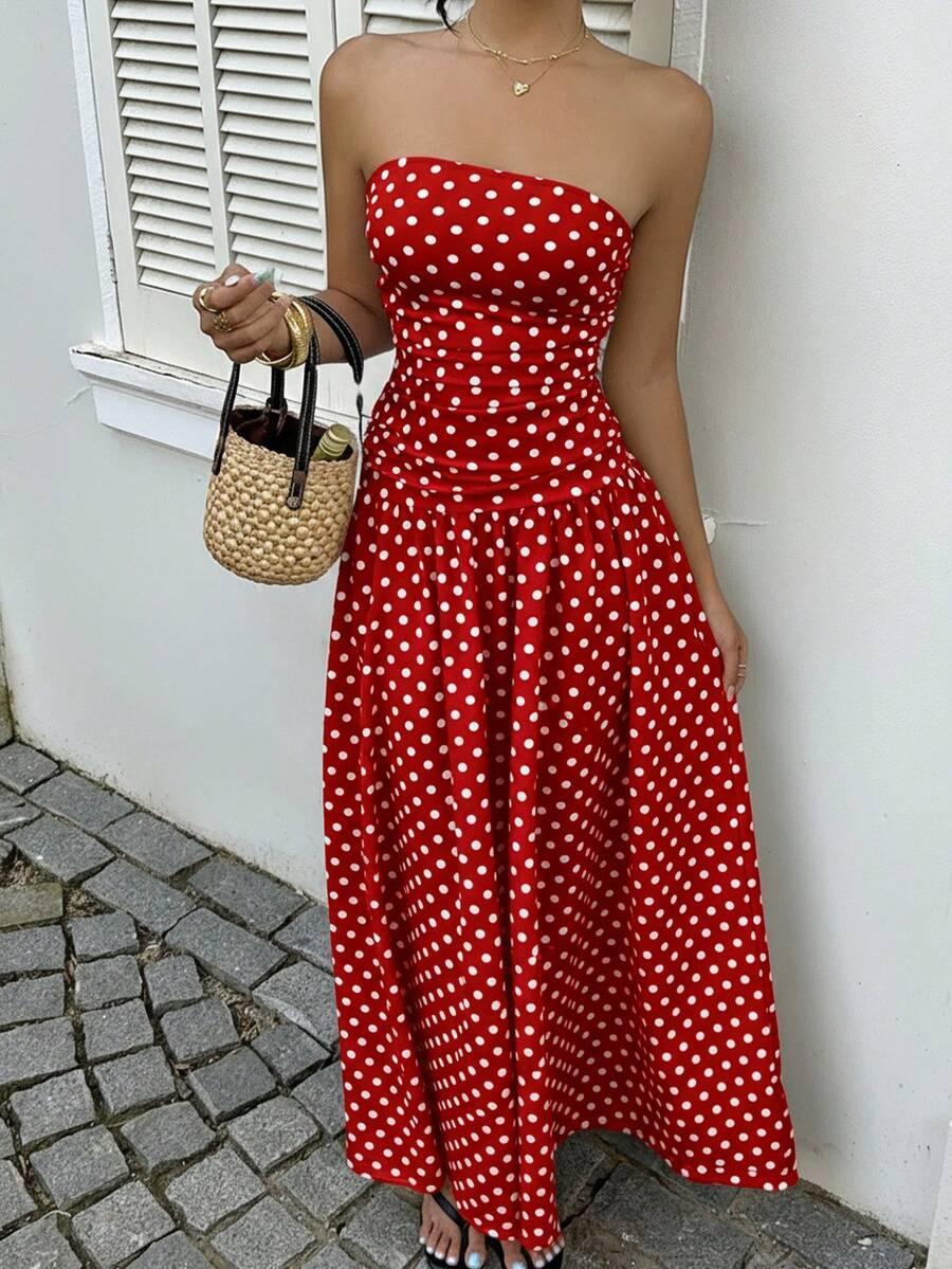 Women's Polka Dot Waist-Cropped Crop Top Dress, Vacation Style, Long Sun Dress, Casual Summer Midi Dress, Elegant Design