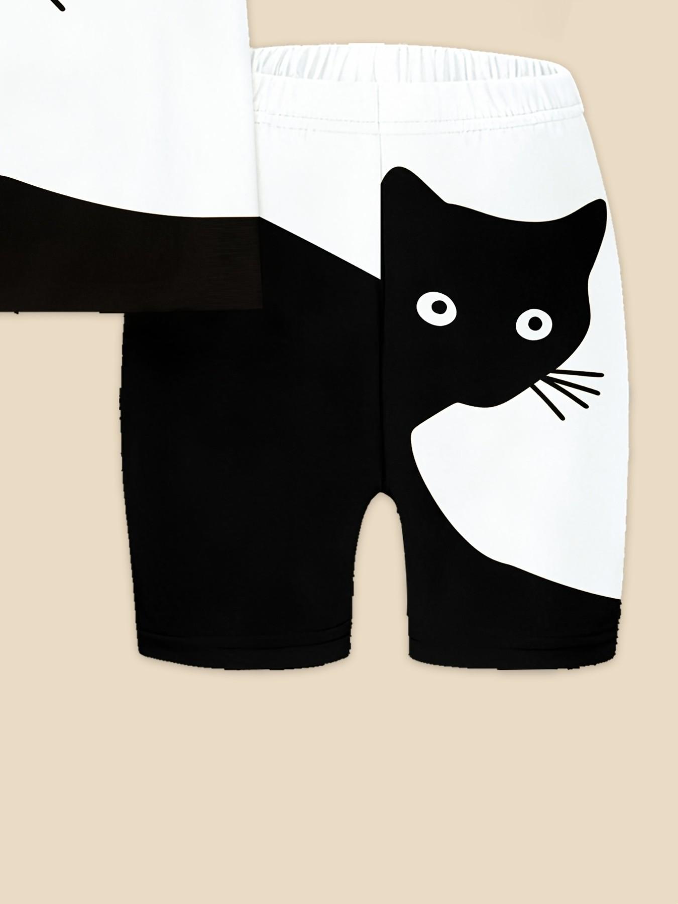 Korean Style Girls Cartoon Cat Colorblock Short Sleeve & Biker Shorts Set Summer Soft Kids 2Pcs