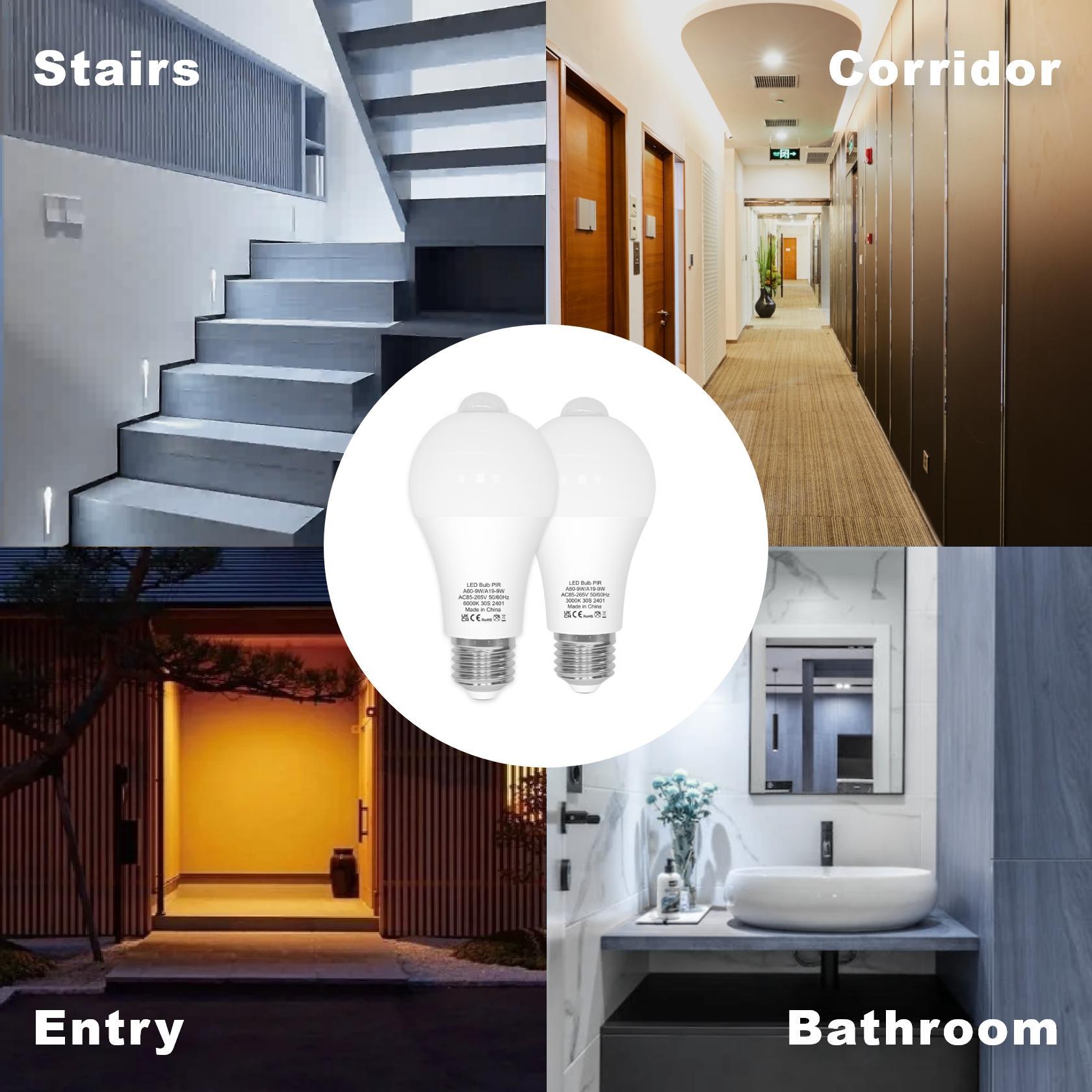 Motion Sensor LED Light Bulbs A19 E26 9W PIR Built-in IR 60 watt Equivalent Bright 900 Lumens for Garage, Closet, Porch, Stairs,2 Packs