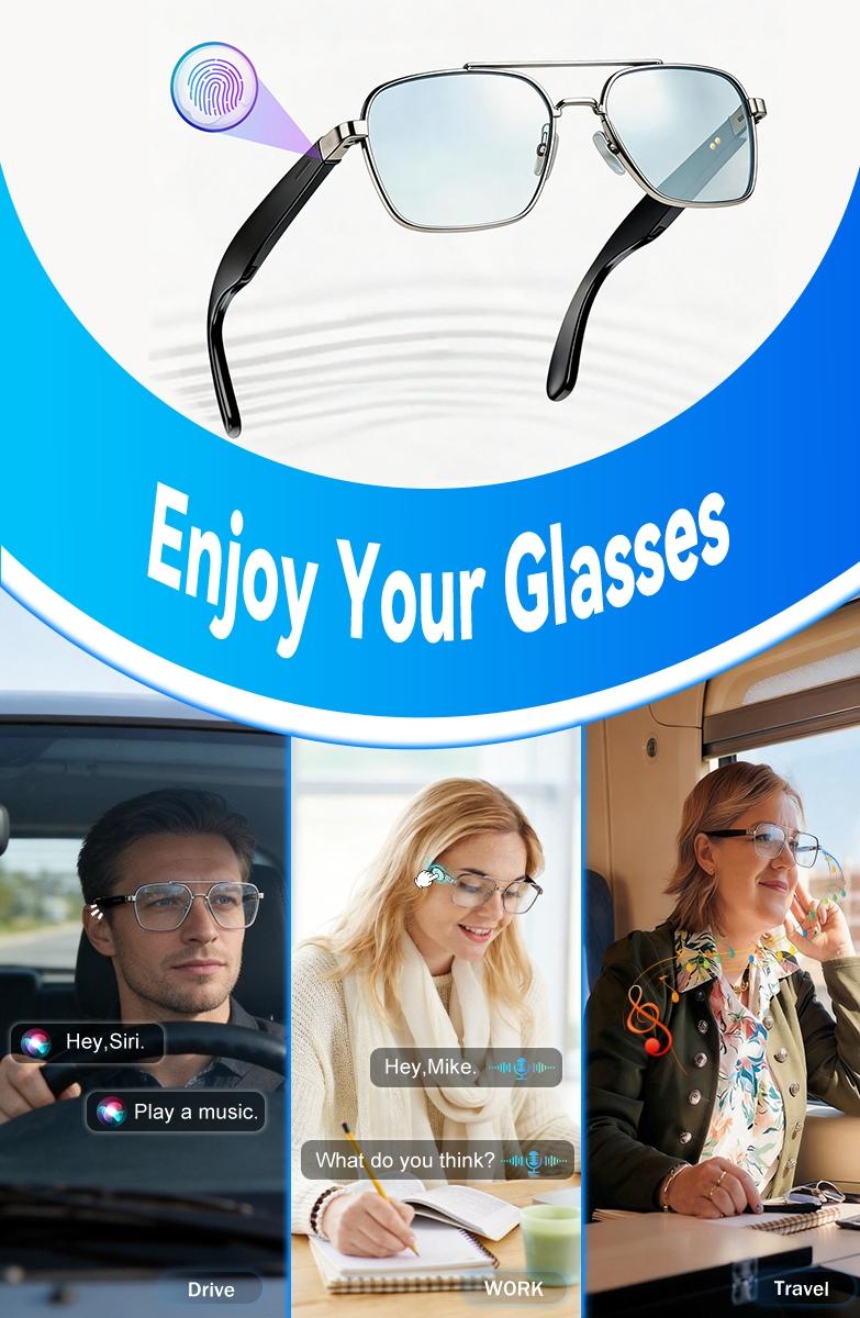 Bluetooth Audio Smart Transparent Glasses for Women Men,Light Blocking Bluetooth Glasses with Open Ear Speaker,Touch & Voice Control, Hands-Free Calls & Microphone for iPhone Android Music