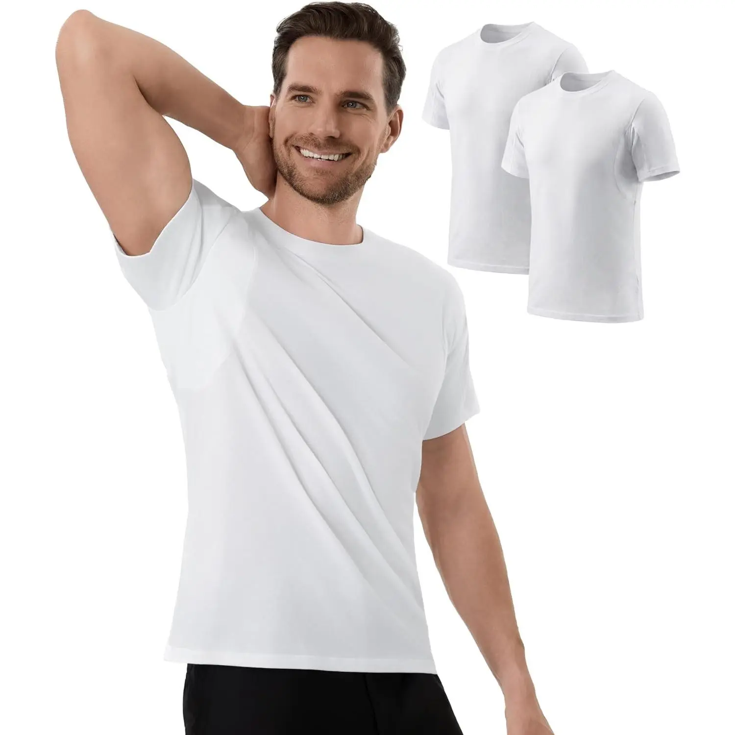 2 Pack Mens Sweatproof Undershirts,Cotton Crew Neck Regular Fit Sweat Blocking T Shirts with Underarm Sweat Pads