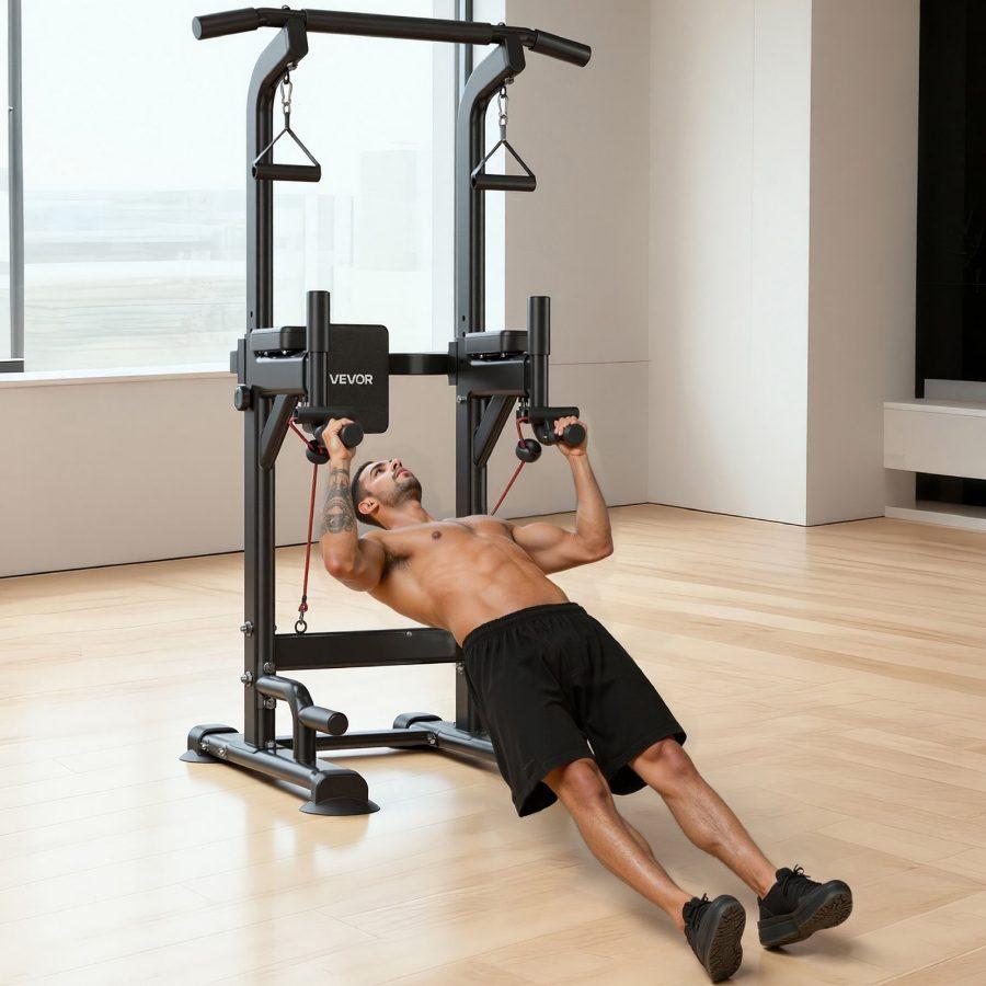 VEVOR Pull Up Bar, 330 LBS Power Tower Dip Station, Workout Dip Station with H-Shaped Stable Base Back Pad, Adjustable 12 Level Height Free Standing Chin Up Bar for Back, 4-Level Adjustable Back Pad