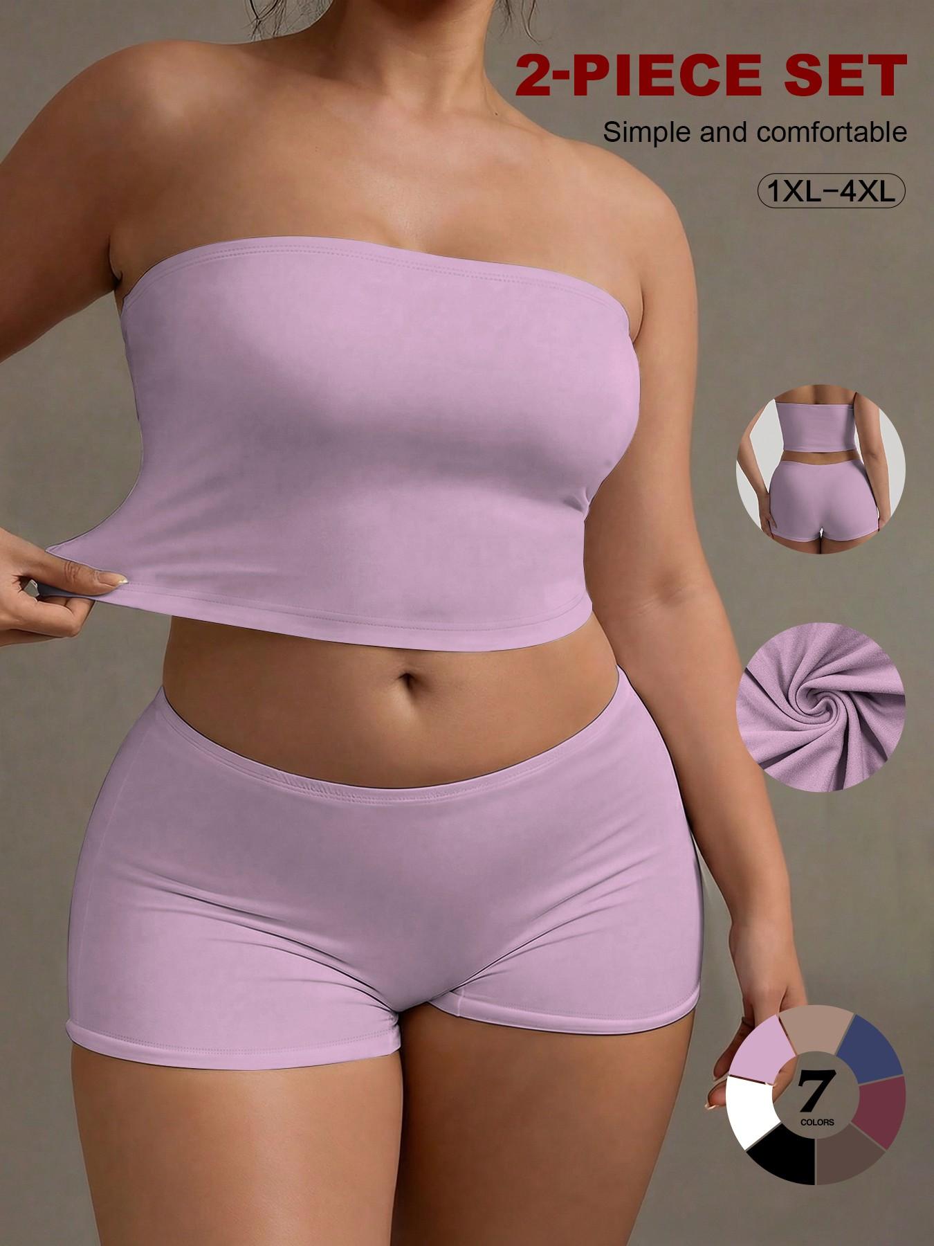 Plus Size 2 Piece Basic Tube Top and Shorts Set, Soft Stretch Strapless Lounge Set, Comfortable and Stylish, Perfect for Relaxing at Home, Womenswear