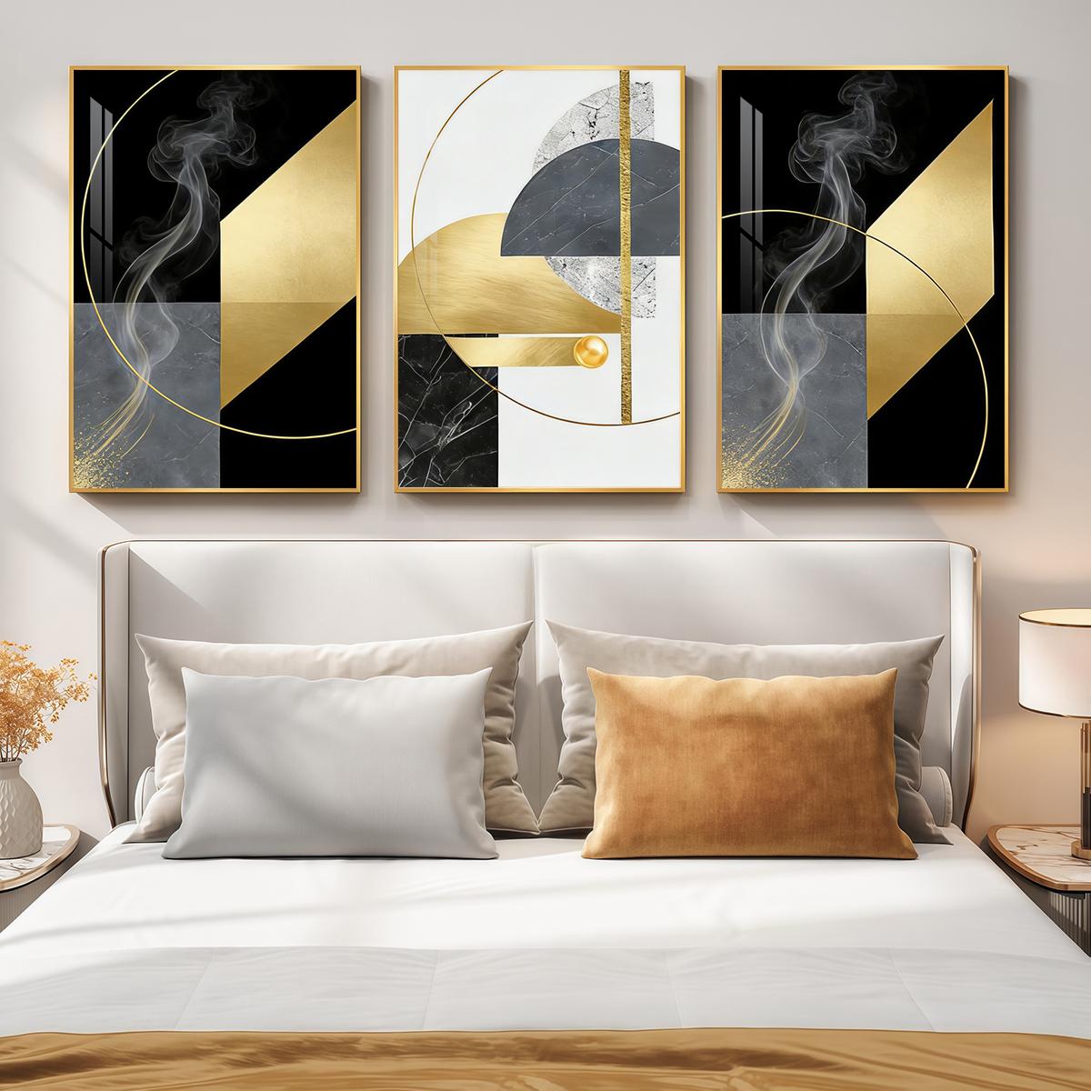 3 Counts Aluminum Alloy Framed Painting, Abstract Geometric Gold And Black Art Pictures, Home Decoration For Living Room, Bedroom, Office, Restaurant, Hallway Wall Decor, Odorless Print Artwork, Luxury Perfect Gift For Friends And Family