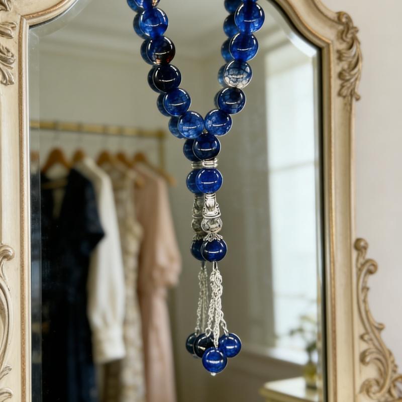 Natural Blue Dragon Pattern Agate Prayer Beads, Retro Zen Buddha Beads Bracelet, Peace & Blessing Jewelry for Men and Women