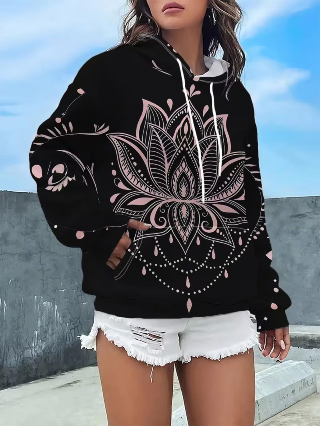 Women's Lotus Mandala Print Hoodie, Boho Bohemian Style Casual Long Sleeve Top, Loose-Fitting All Seasons Apparel