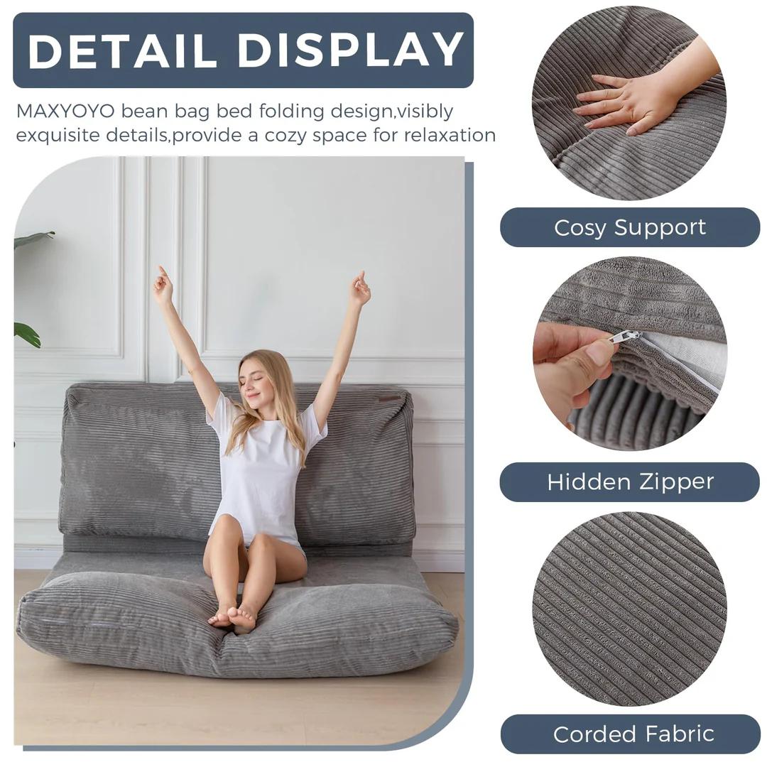 MAXYOYO Folding Bean Bag Sofa Bed Floor Mattress with Corded Washable Cover, Modern Floor Couch Bed for Bedroom Living Room, Grey and others color