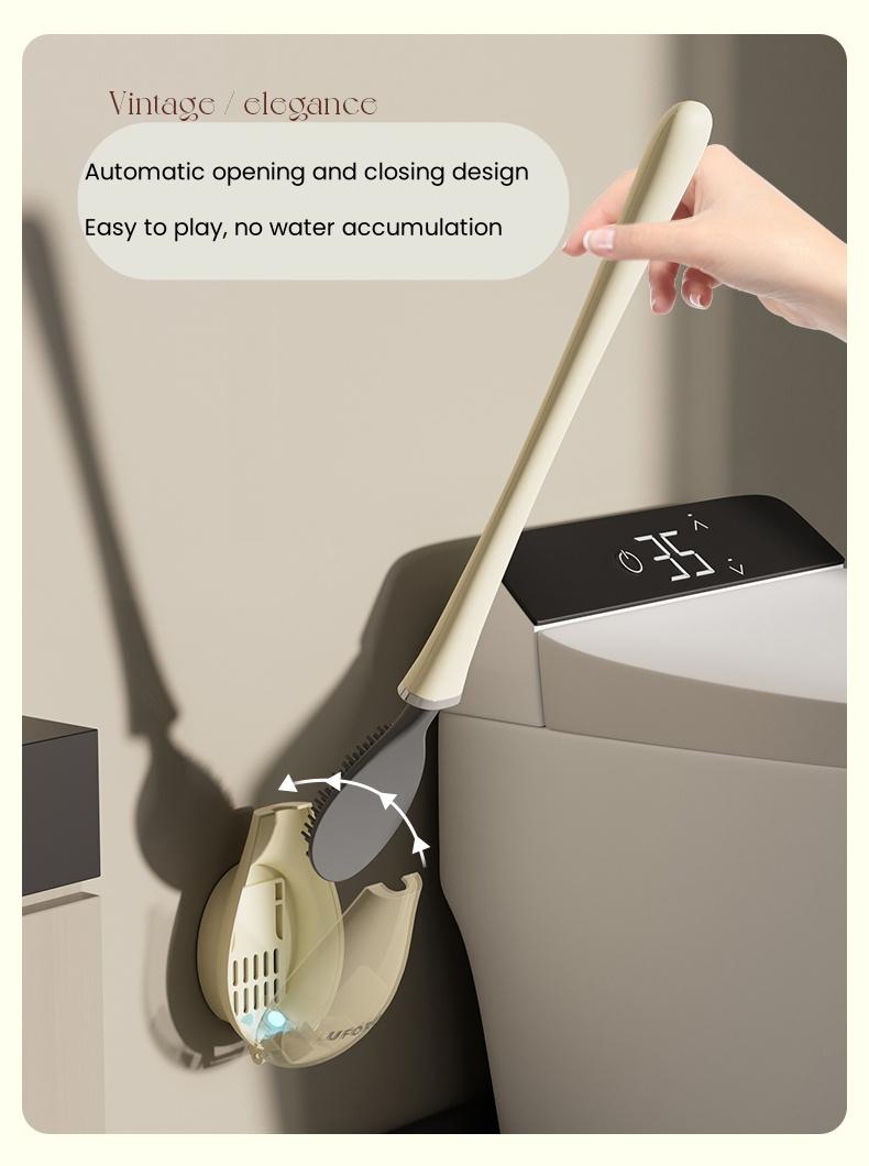 UFORU Wall Mounted Silicone Toilet Brush & Holder Set - Long Handle Flat Tip for Easy Corner Cleaning - Space Saving Bathroom Accessory - Restroom