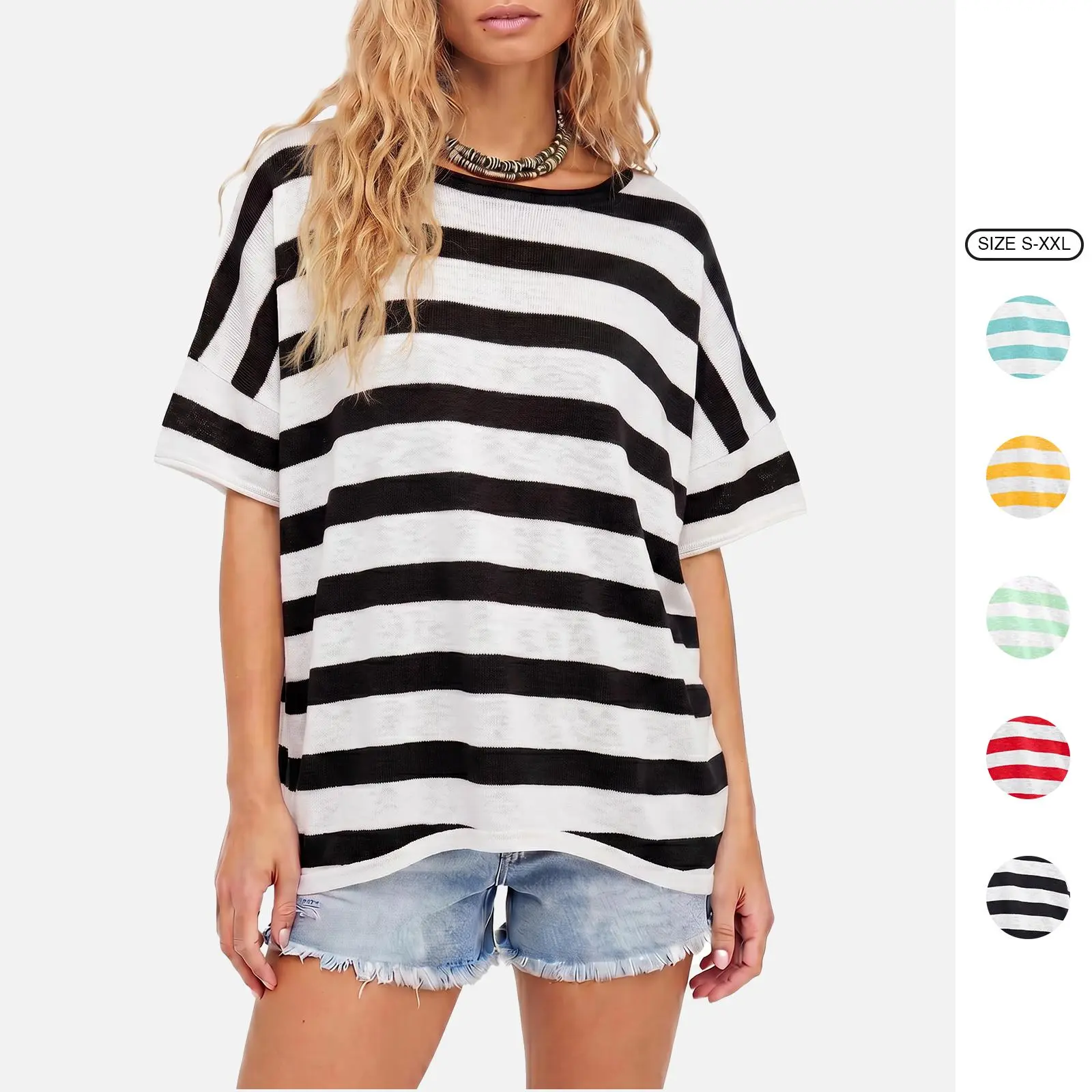 Imily Bela Women's Oversized Striped T Shirt Casual Loose Fit Crew Neck Short Sleeve Knit Tee Side Slit Tunic Tops Sweaters