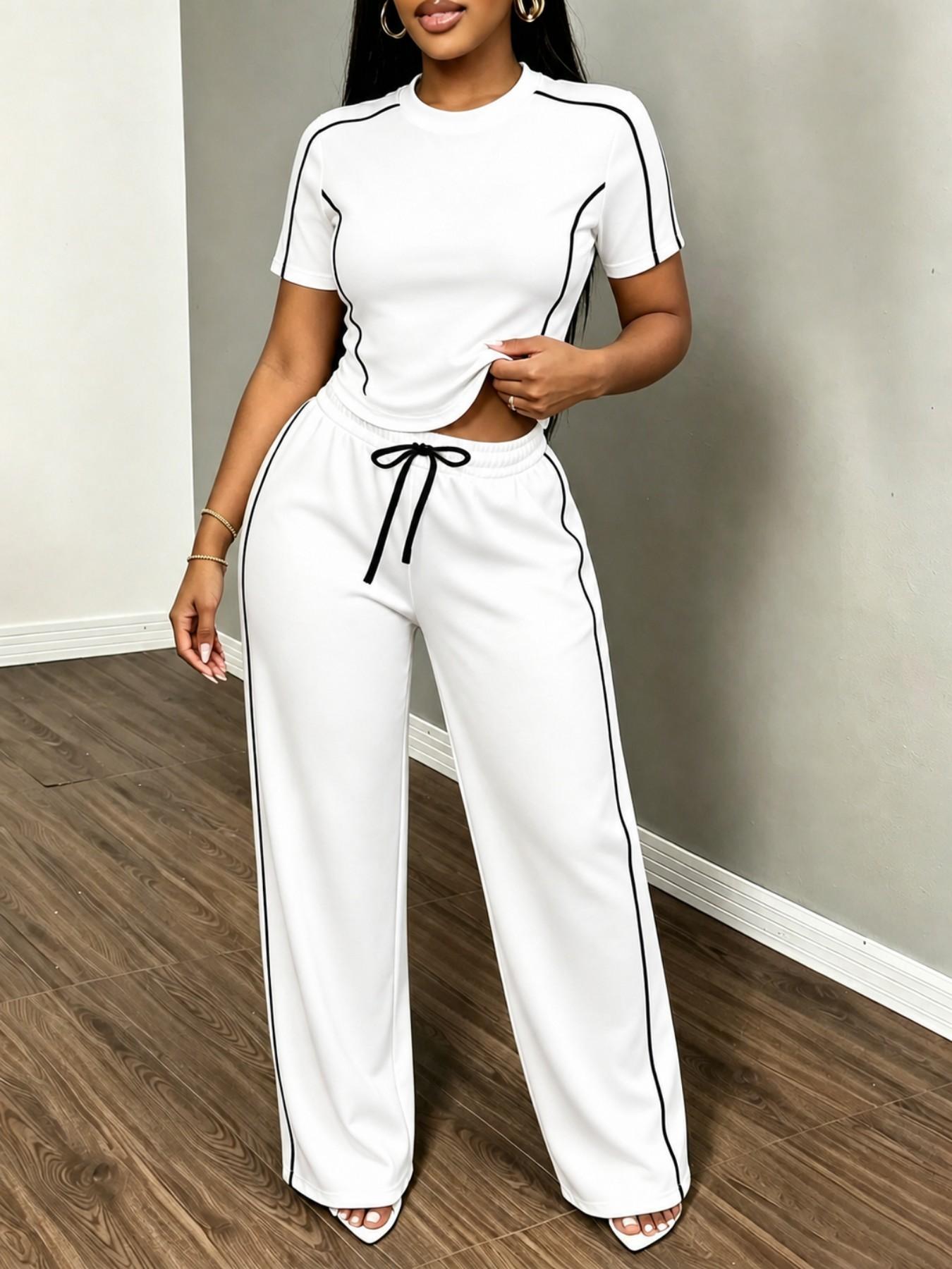 Women's Spring Summer Sporty Two-Piece Set, Fitted Round Neck T-Shirt & Wide Leg Pants, Casual Outdoor Wear, Multiple Colors Available, Sports Activewear Set
