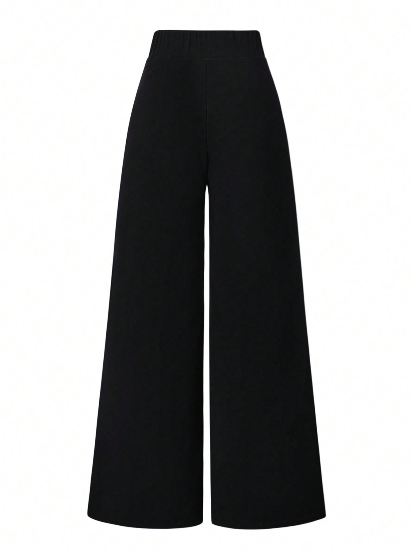 High-Waisted Flowy Wide-Leg Suit Pants, Lightweight Office Style, Elastic Waist Back, Slimming Mid-Split, Plus Size Women's Casual Business Wear