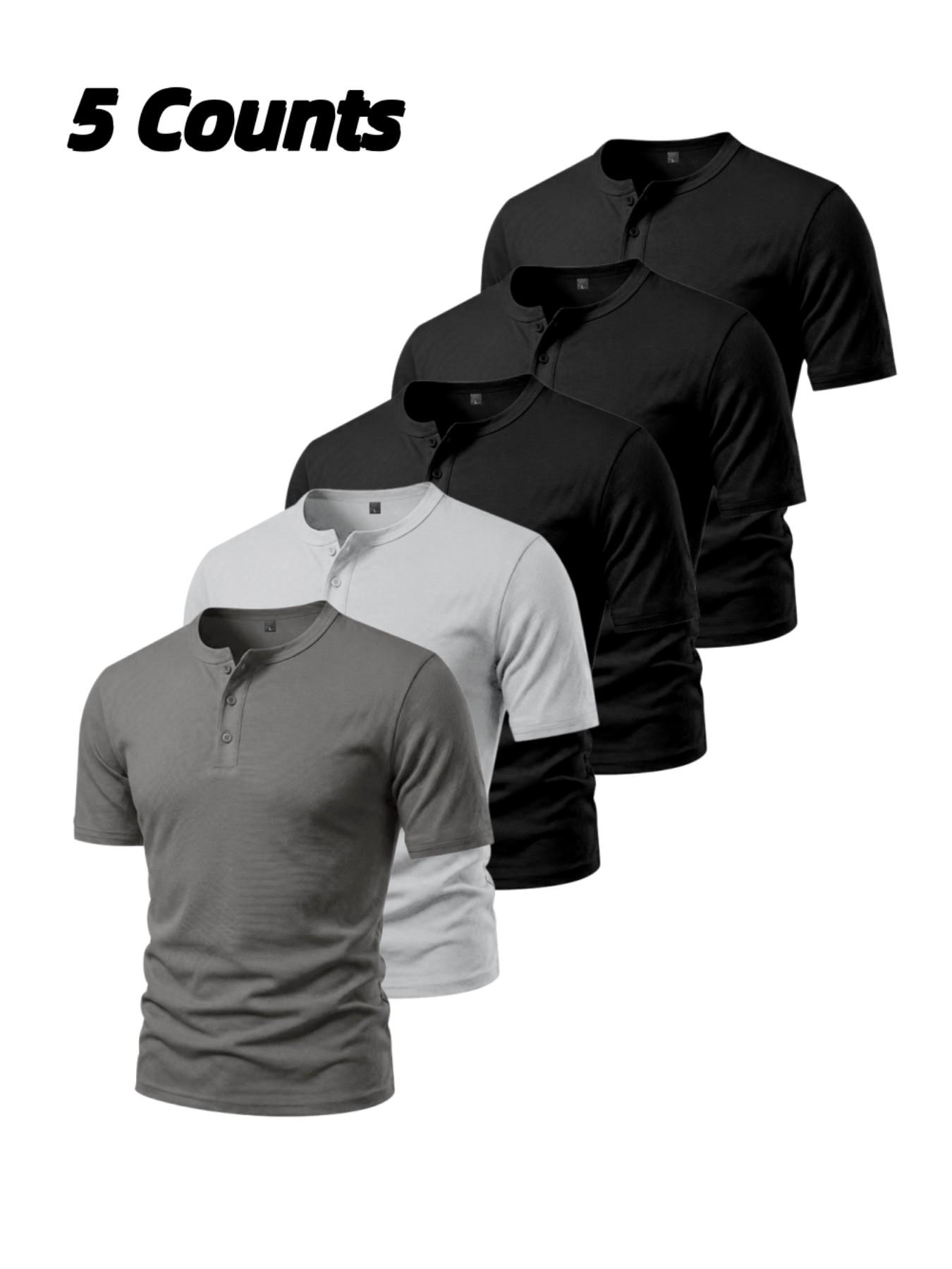 Men's 5-Pack Three-Button Mesh Short Sleeve Henley T-Shirts, Athletic Apparel, Summer Breathable Solid Color Casual Sports Tops, Comfortable Basic Top, Fitness T Shirt
