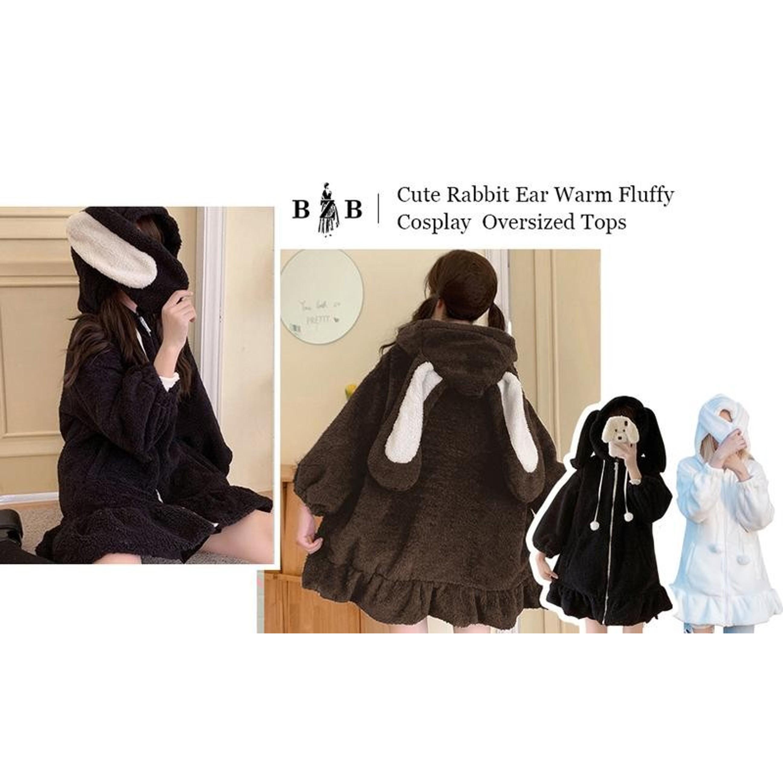 Anime Bunny Ear Hoodies For Women Sweet Lovely Fuzzy Fluffy Rabbit Sweater Tops Cosplay Jacket Coats Cute Kawaii Bunny Hoodie Jacket Coats for Women Fuzzy Fluffy Rabbit Hooded Sweatshirt Outwear