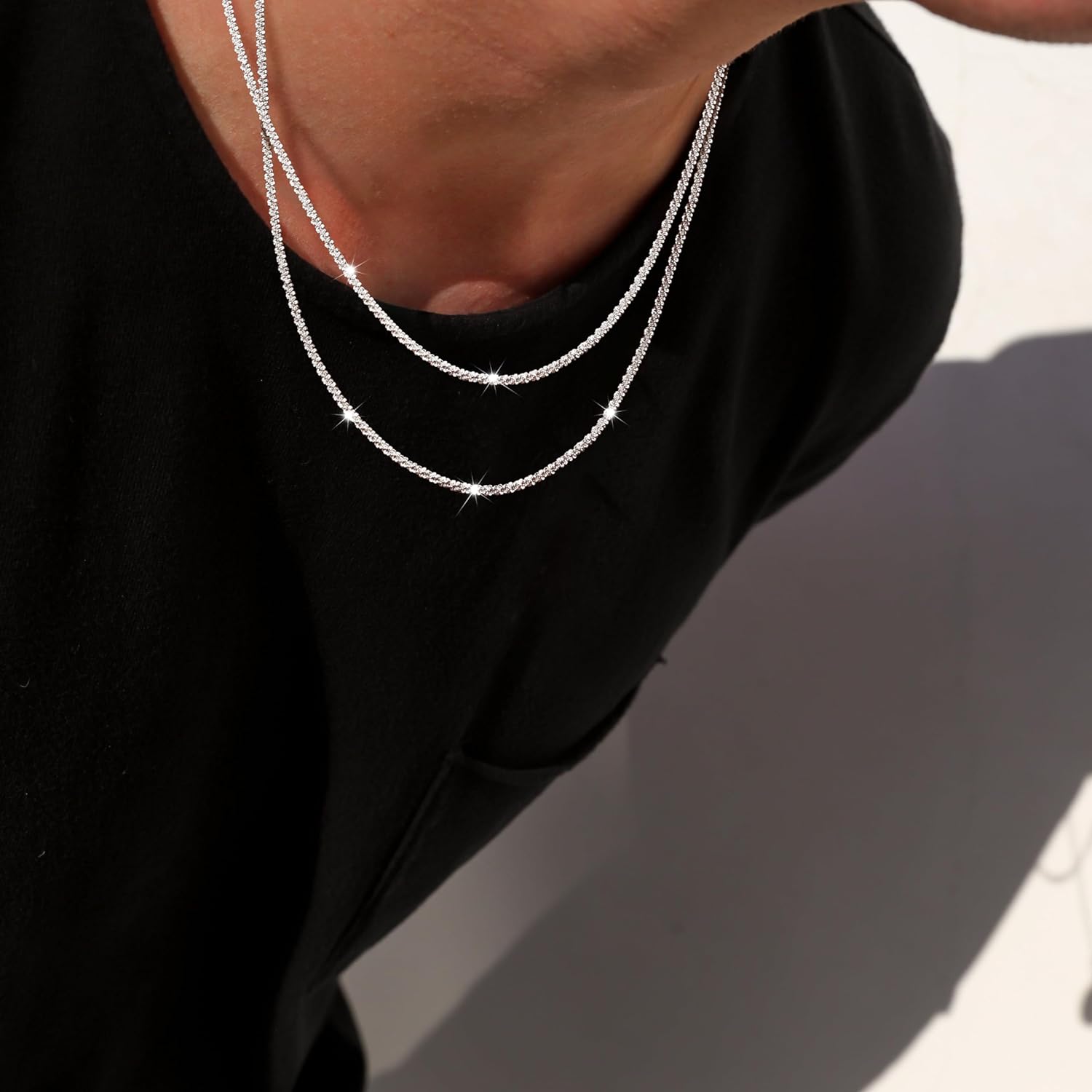 Tewiky Men's 2mm/3mm Twist Rope Chain Necklace 16/18/20 Inch Sparkling Layered Choker Trendy Silver Hypoallergenic Fashion Gift Modern Versatile Accessories