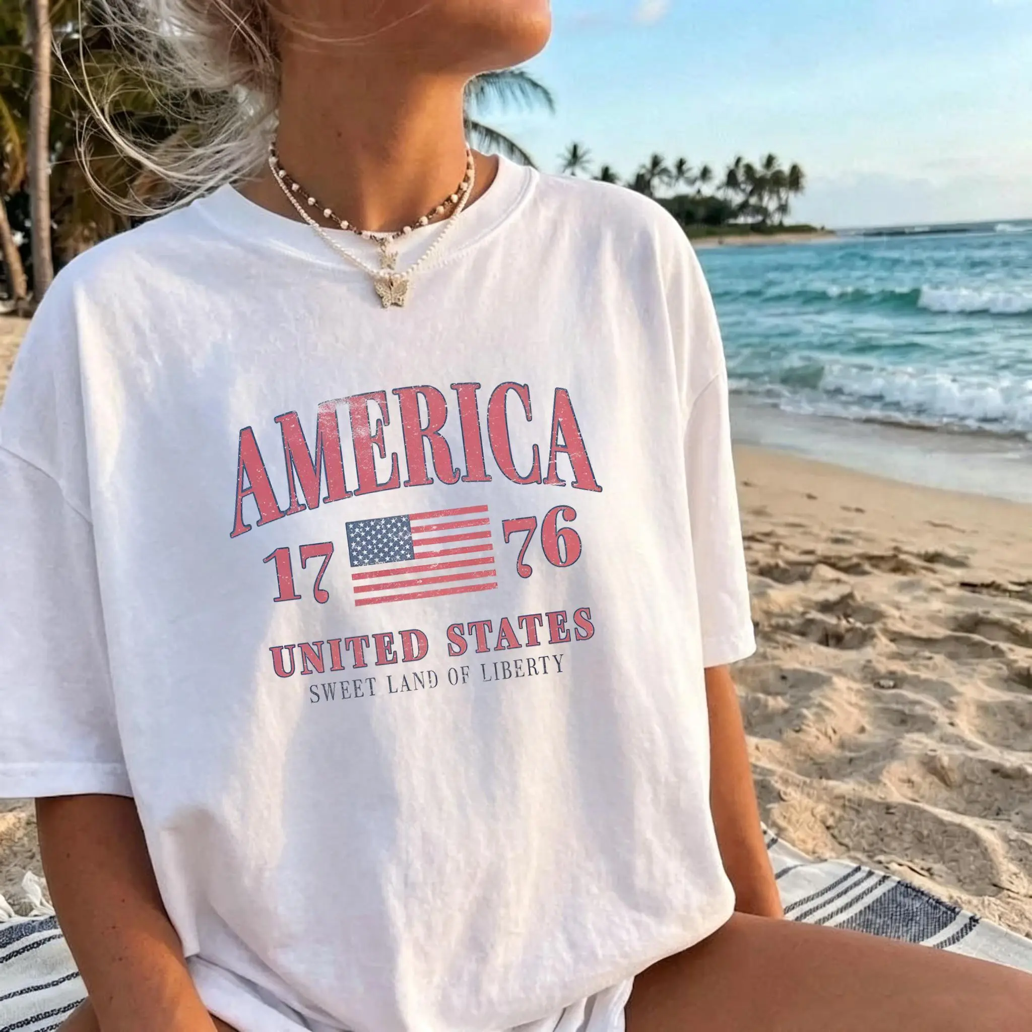 Retro America 4th Of July Shirt Preppy Fourth of July Tshirt Trendy Oversized USA Tee Aesthetic Patriotic Shirt Cute Summer