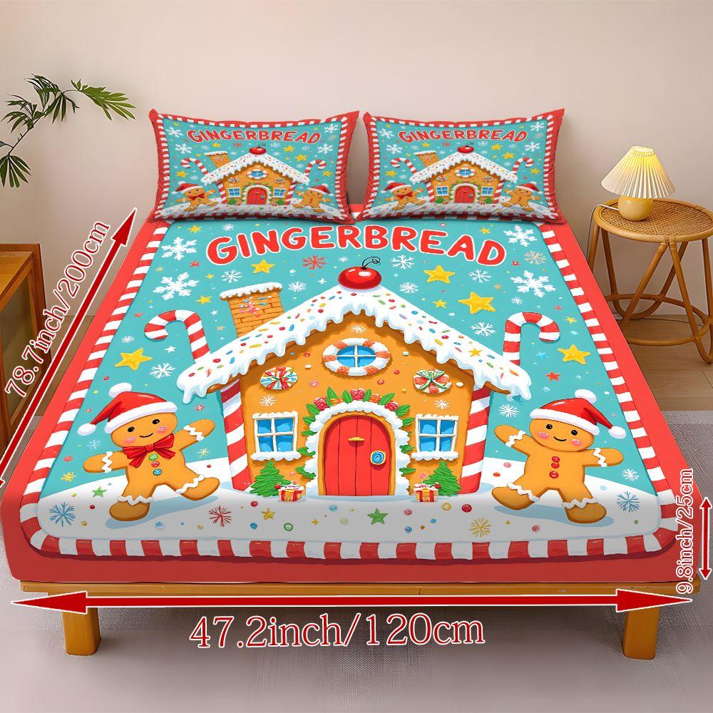 Fitted Sheet 3-Piece Set 2D Flat Gingerbread Man Pattern Mattress Cover (1 fitted sheet + 2 pillowcases, no insert), stylish, soft, and comfortable sheets, skin-friendly and breathable bedding, suitable for family bedrooms and guest rooms, all year round.