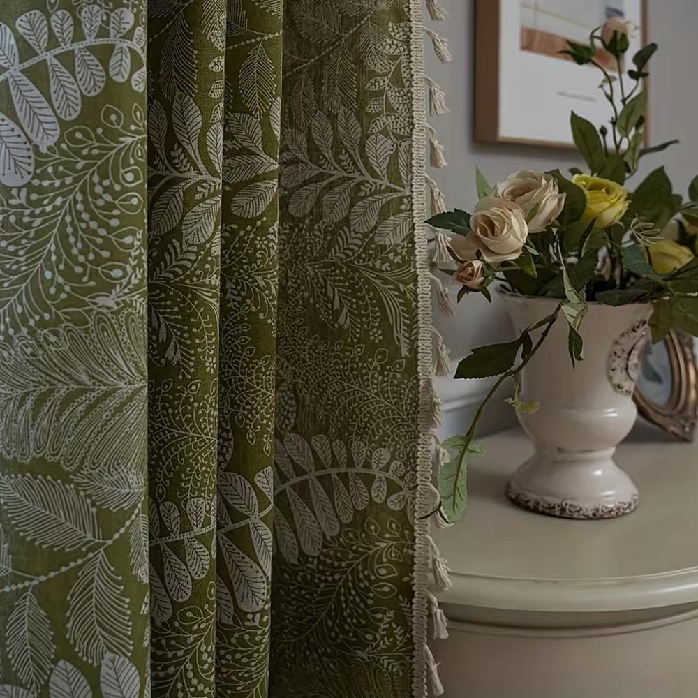 1pc Olive Plant Print Curtain, Cotton Linen Texture, Fringe Edge, Living Room Bedroom Balcony Floor-To-Ceiling Decorative Curtain