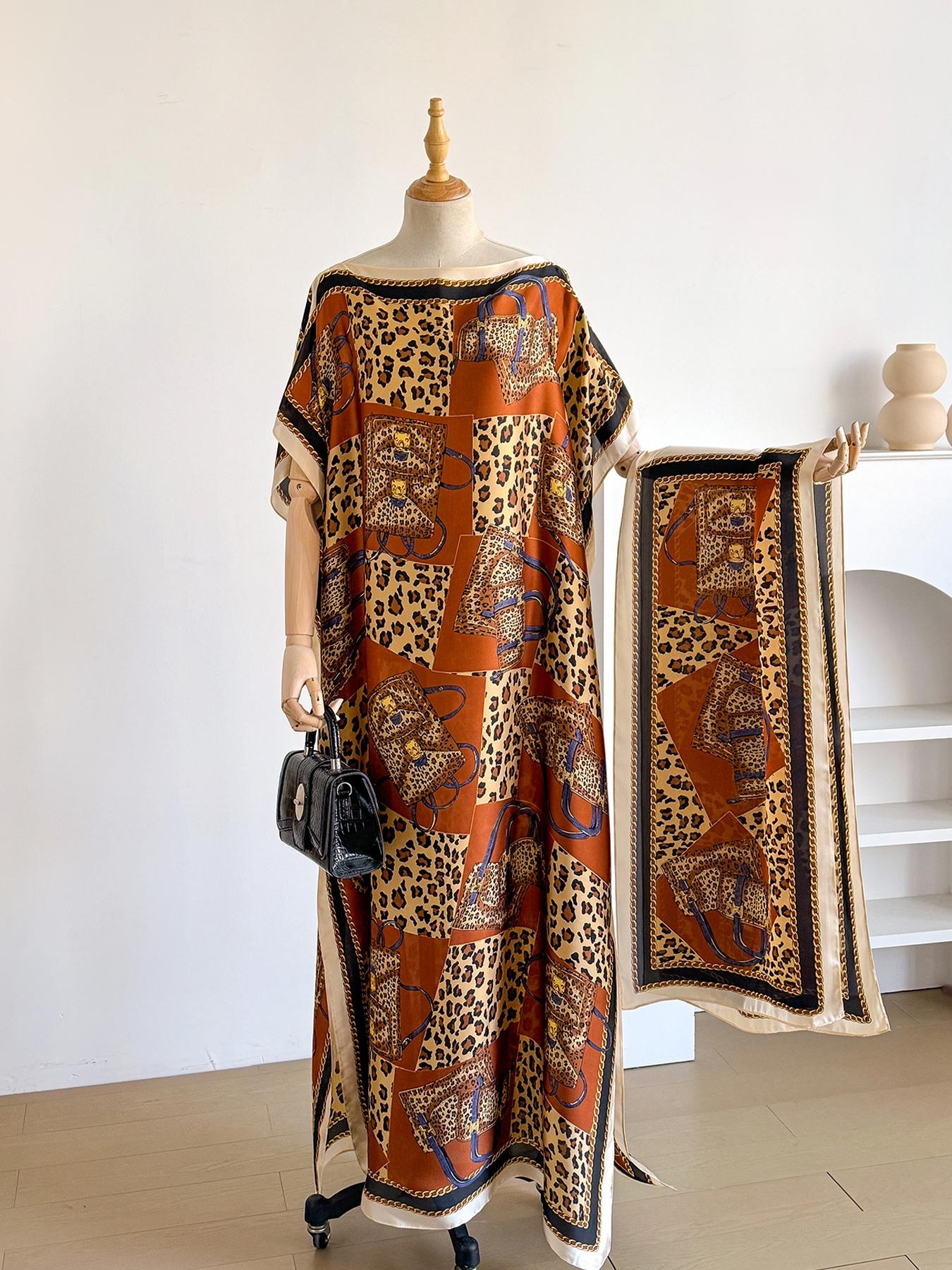 Women's Leopard Print Long Sleeve Kimono & Scarf Set, Casual Open Front Outerwear & Shawl, Ladies Clothes for Beach Vacation, Beach Swimsuit Cover, Womenswear, Leopard Pattern