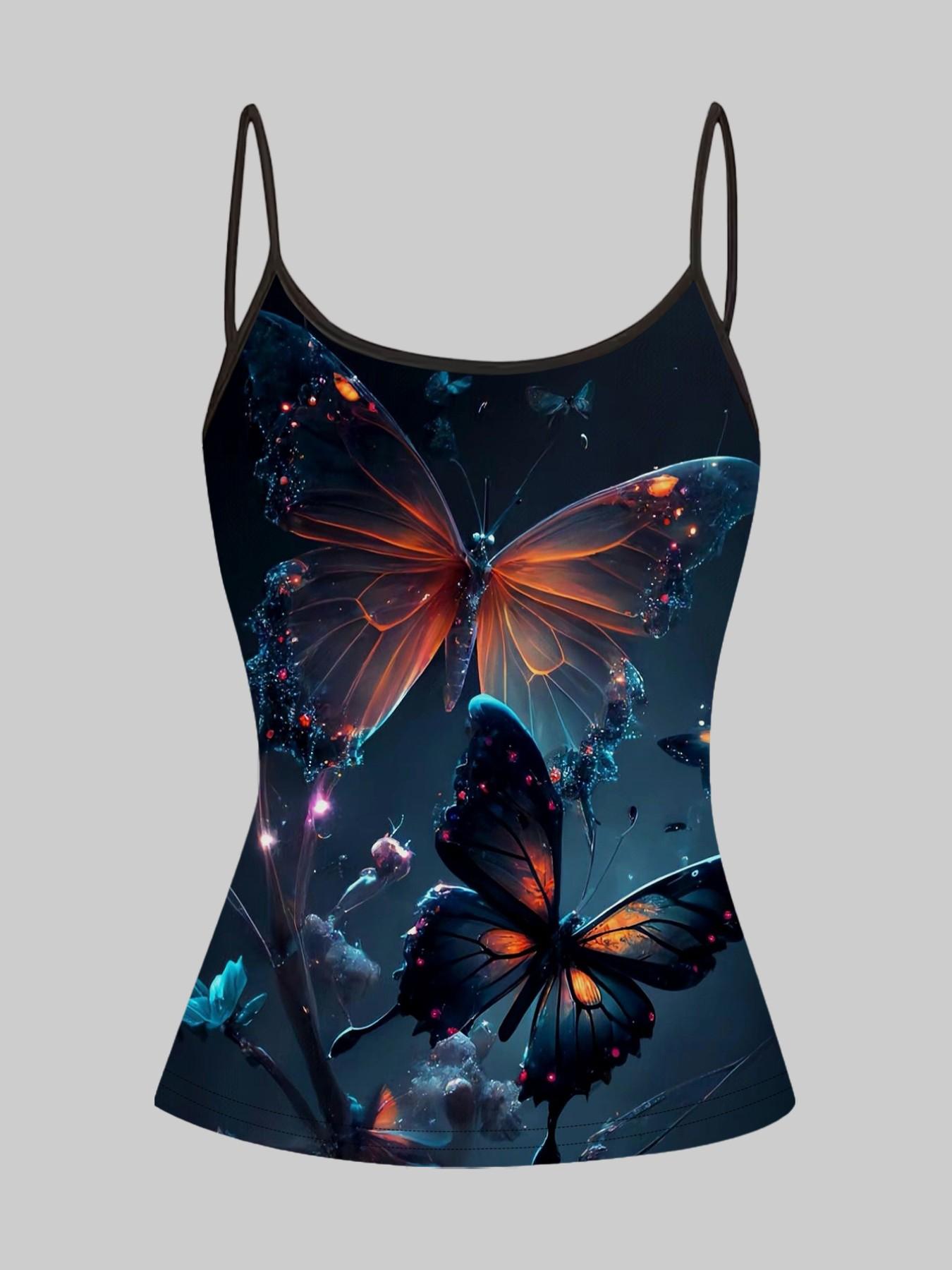 Dark Night Fluorescent Butterfly Print Halter Top, Summer Home Sleepwear Outer Wear, Unique Slim Fit Top Set of Four Pieces