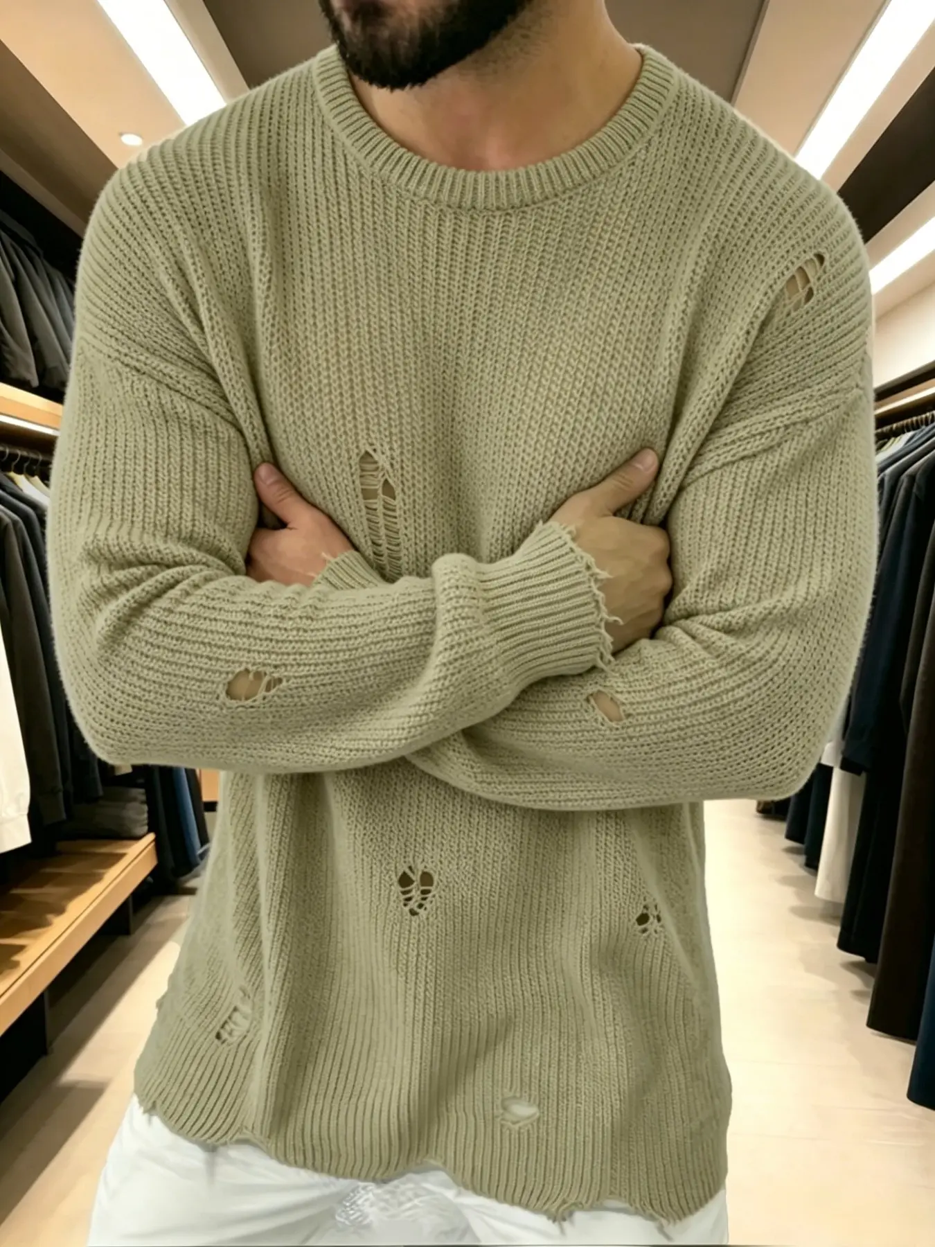 Men's Ripped Vintage Round Neck Knit Sweater, Thick Yarn Loose Fit Relaxed Fit Long Sleeve Pullover, Streetwear Fall Winter Top