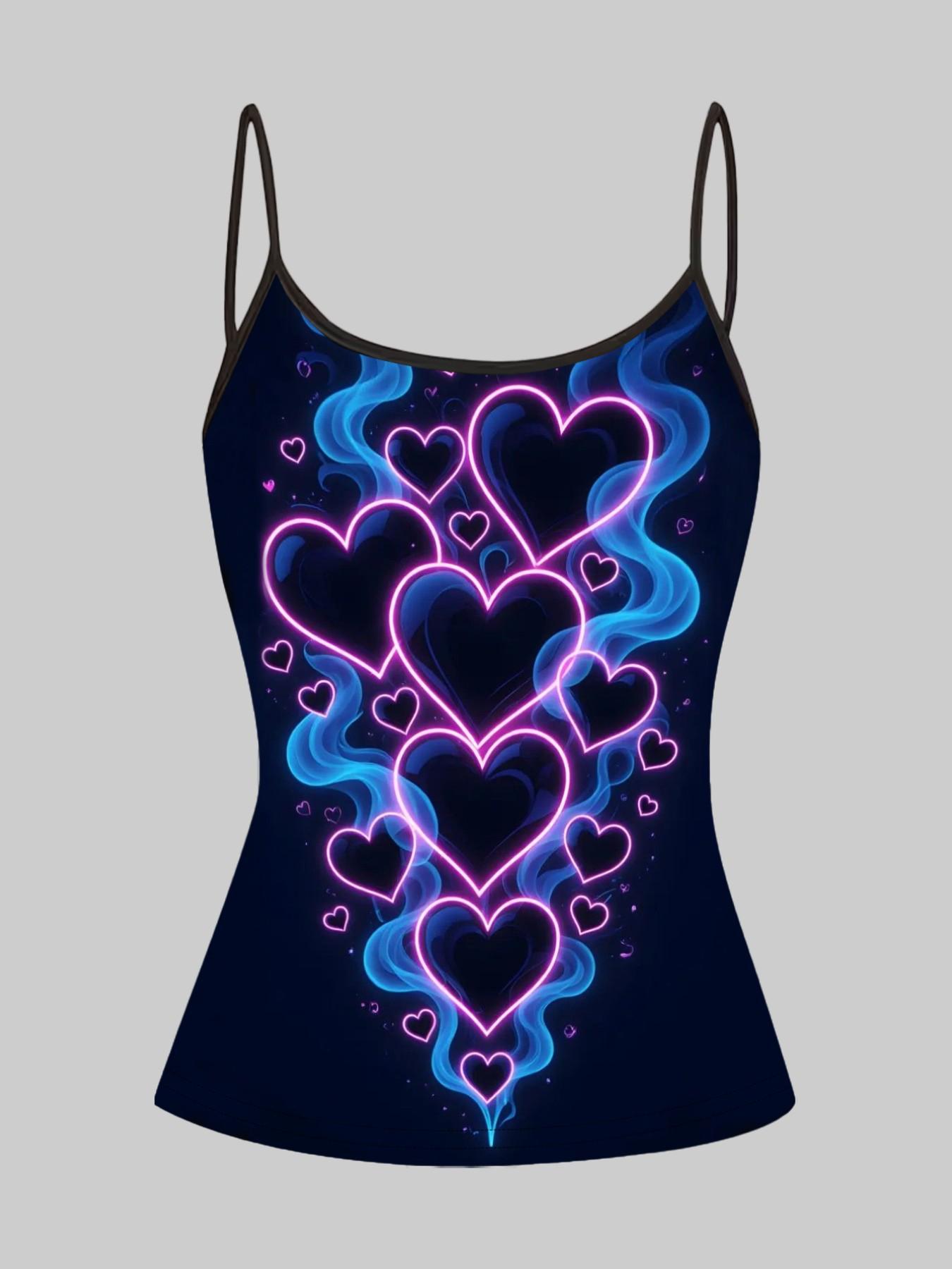 Neon Flame Heart Print Strappy Top, Summer Home Sleepwear Outerwear, Unique Slim-Fit Shirt Set of Four, Casual Style