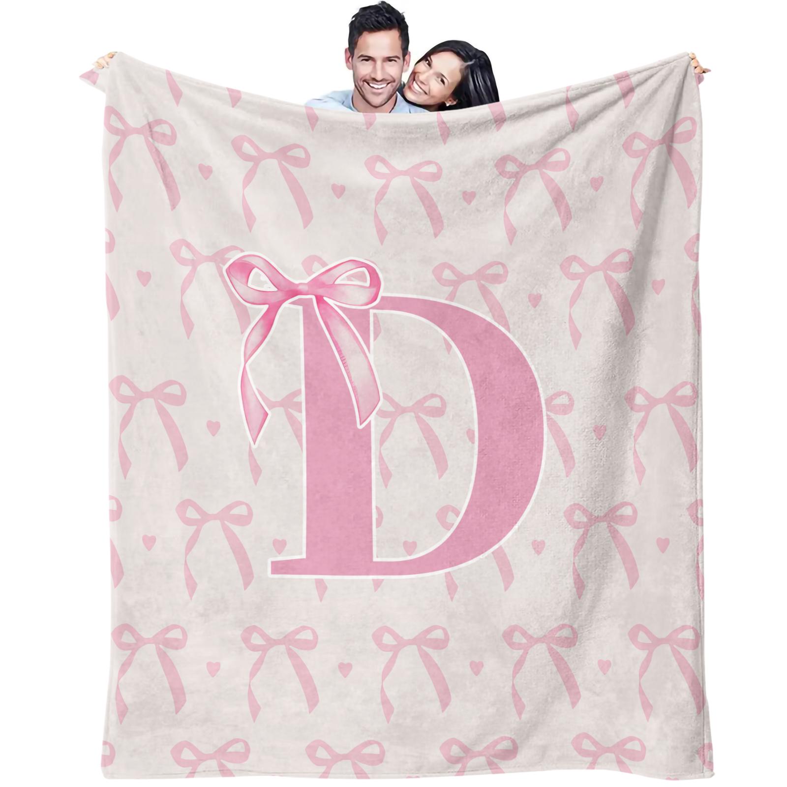 Pink Bow Custom Initial Throw Blanket, Sweet Girl Style Heart Print, Soft Warm Cozy Skin-friendly, Ideal for Bedroom Living Room Sofa Dorm Decor