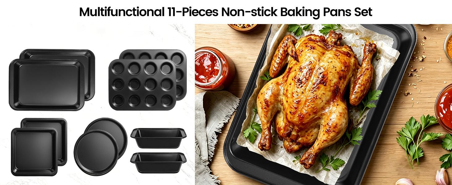 11-Piece Nonstick Baking Pans Set - Professional Grade Carbon Steel Bakeware with Premium Coating- Dishwasher Safe, Stackable, Oven Safe to 450 ° F (Black)