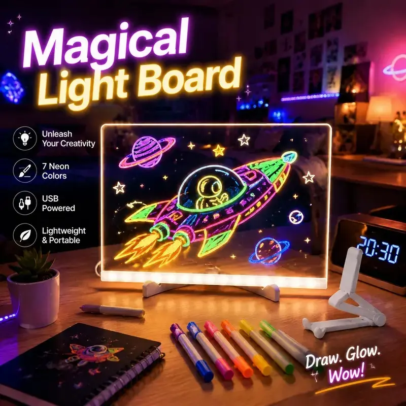14x10in LED Acrylic Drawing Board, Reusable Light Up Dry Erase Message Board with Color Markers & Adjustable Stand, Glowing Doodle Writing Pad for Desk, Bedroom, Home Office, Party Decor, Halloween, Christmas & Gifts
