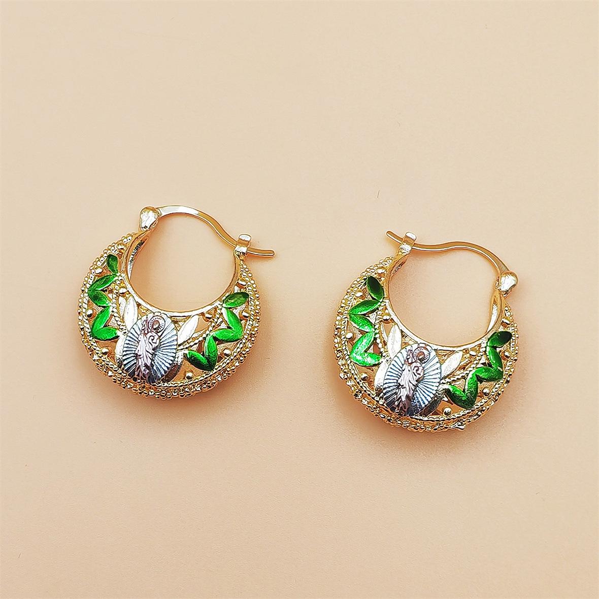 European‑Style Virgin Mary Enamel Hoop Earrings, Gold‑Plated Hollow Ear Rings With Colorful Red‑Green Rose Patterns, Fashion Retro Ear Jewelry For Daily Matching And Party Occasion Styling