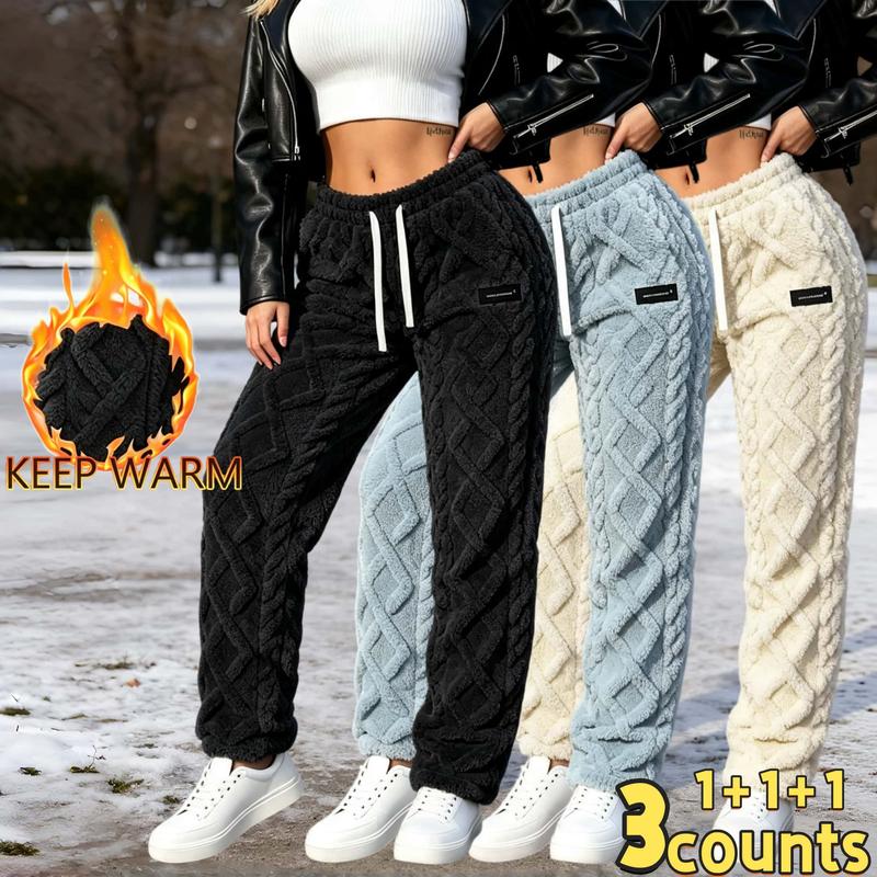 3PC Winter Women’s Casual Jogger Pants, Fluffy Textured Warm Bottoms, Adjustable Drawstring Elastic Waist, Comfortable Breathable Sports Trousers, Trendy Cold Weather Wear for Daily Walking, Gym Light Workout & Daily Street Look, Regular Fit