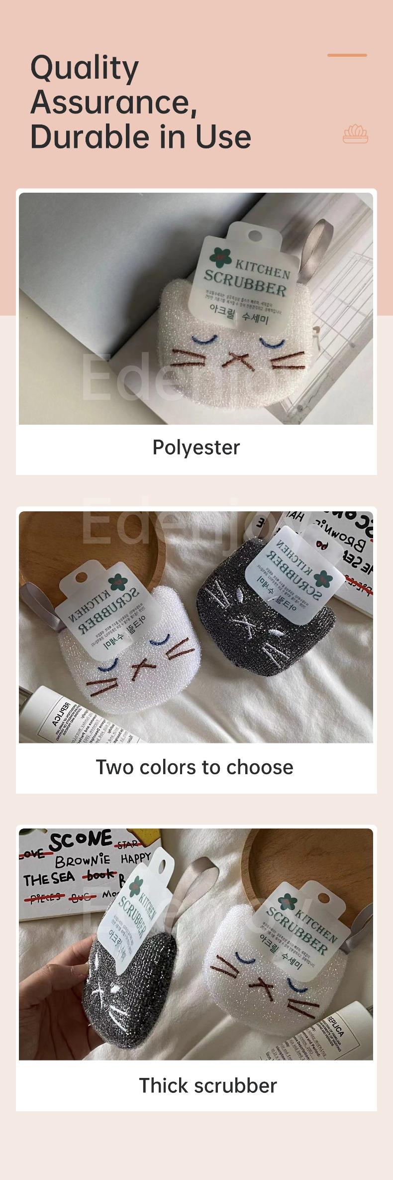 Thick Kitchen Sponge Cleaner Cloth, Cartoon Cat Embroidered Dishwashing Sponge, Non-Scratch Cleaning Pad, Durable and Reusable