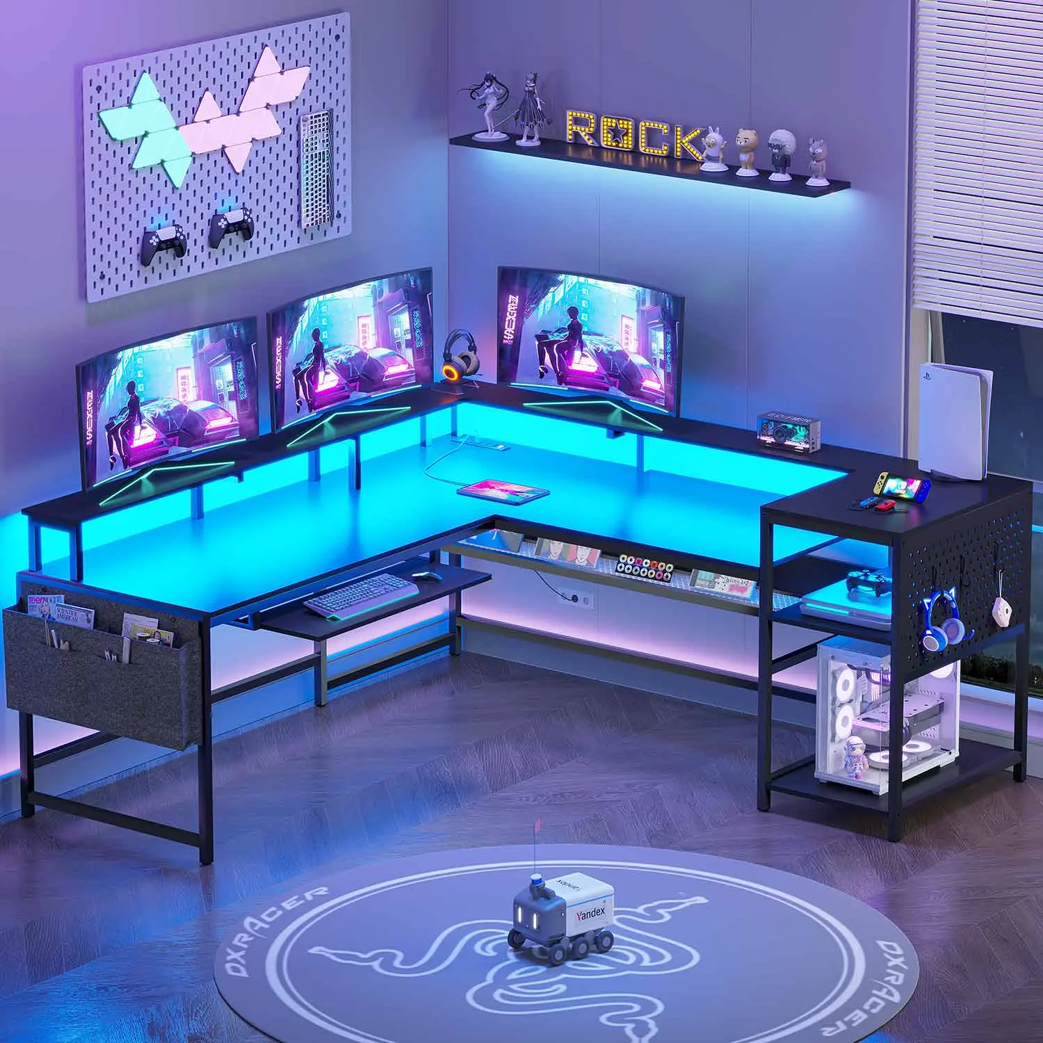 SIKAIC Retro 96-in L-Shape Office Desk - Convertible L-Shape to Straight, Dual Monitor Setup, Side Power Outlet, Keyboard Tray, Monitor Stand, Storage Shelves, Home Study Table for WFH