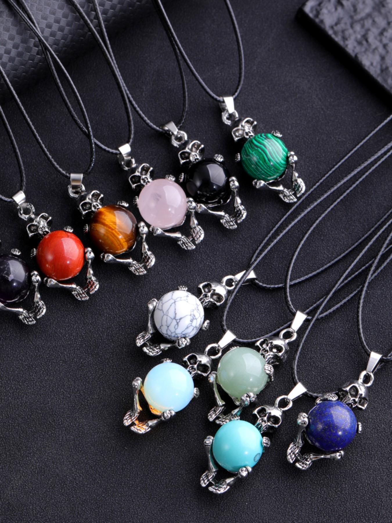 Natural Amethyst Round Bead Pendant Necklace, Bold Skull Design, Unique Fashion Accessory, Trendy European Style Jewelry