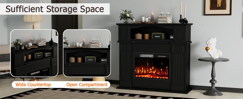 PUKAMI 43" Electric Fireplace with Mantel, Wooden Black Electric Fireplace Surround with Mantel, Freestanding Faux 23" Fireplace Insert for Living Room with Remote Control, Adjustment 3D Led Flame